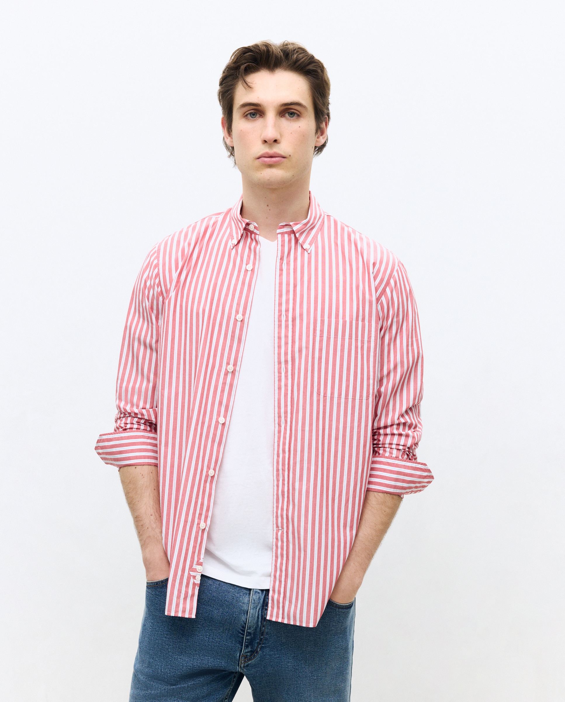 Camisa Casual de Popelina Classic Fit às Riscas Laranja-1