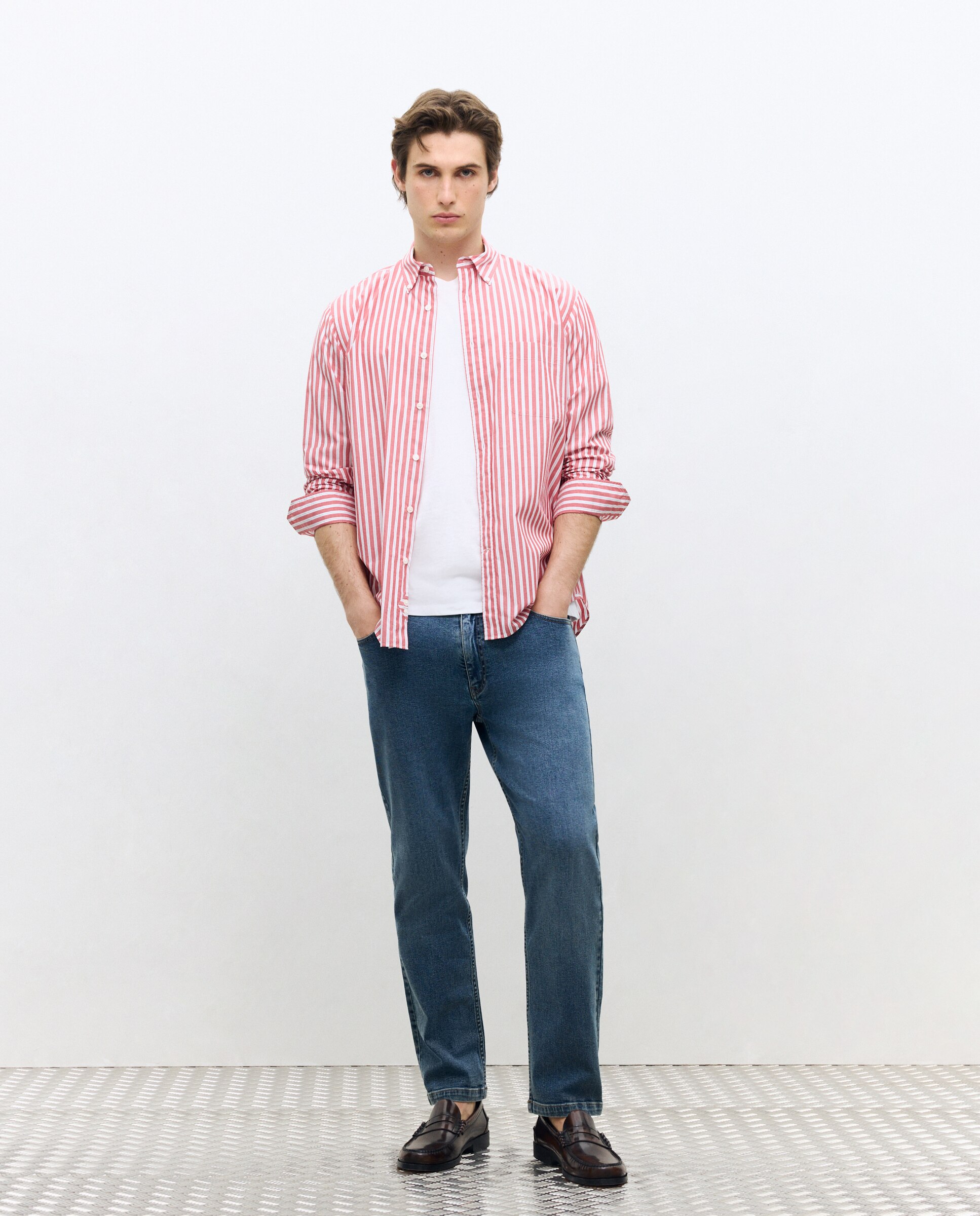 Camisa Casual de Popelina Classic Fit às Riscas Laranja-2