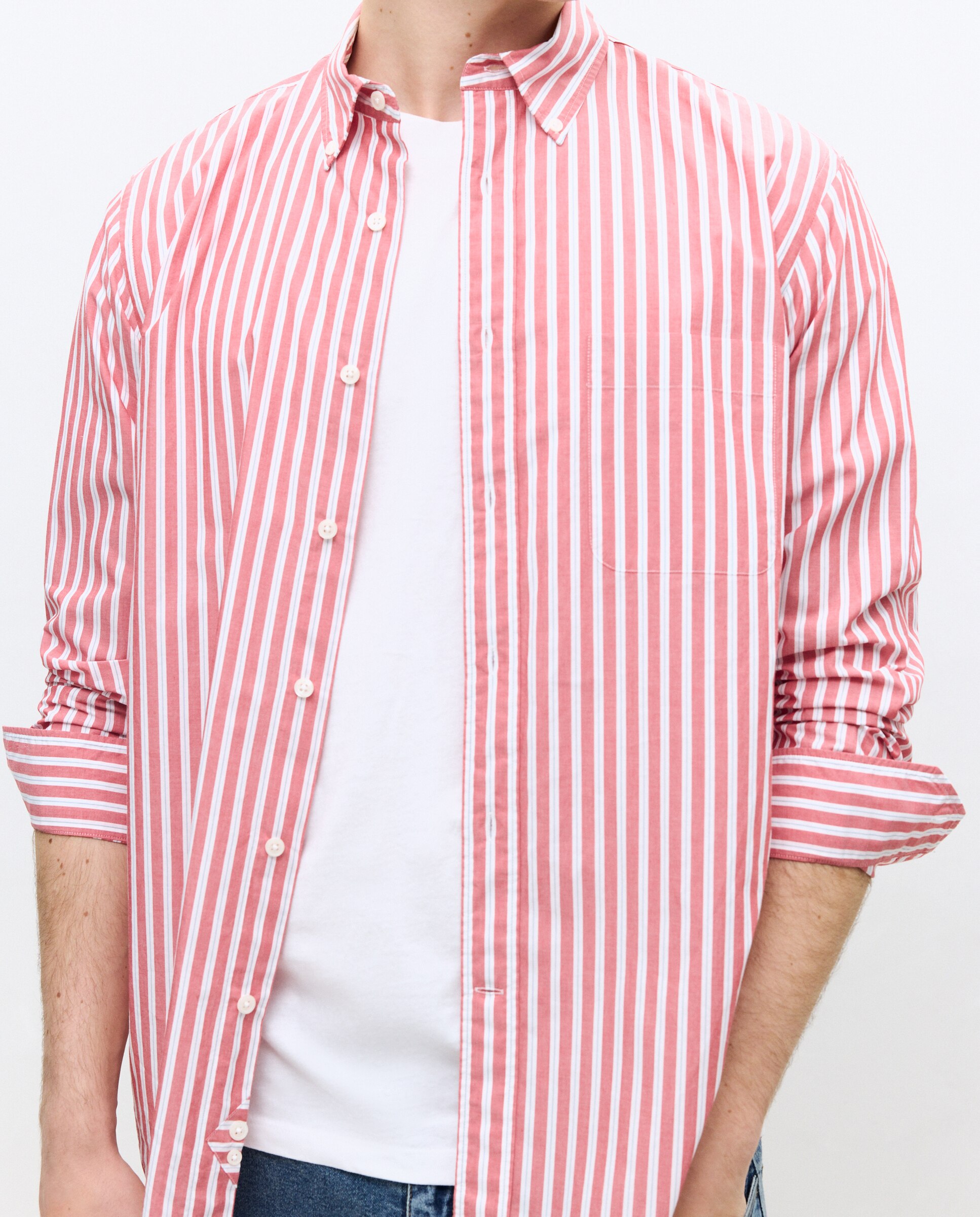 Camisa Casual de Popelina Classic Fit às Riscas Laranja-3