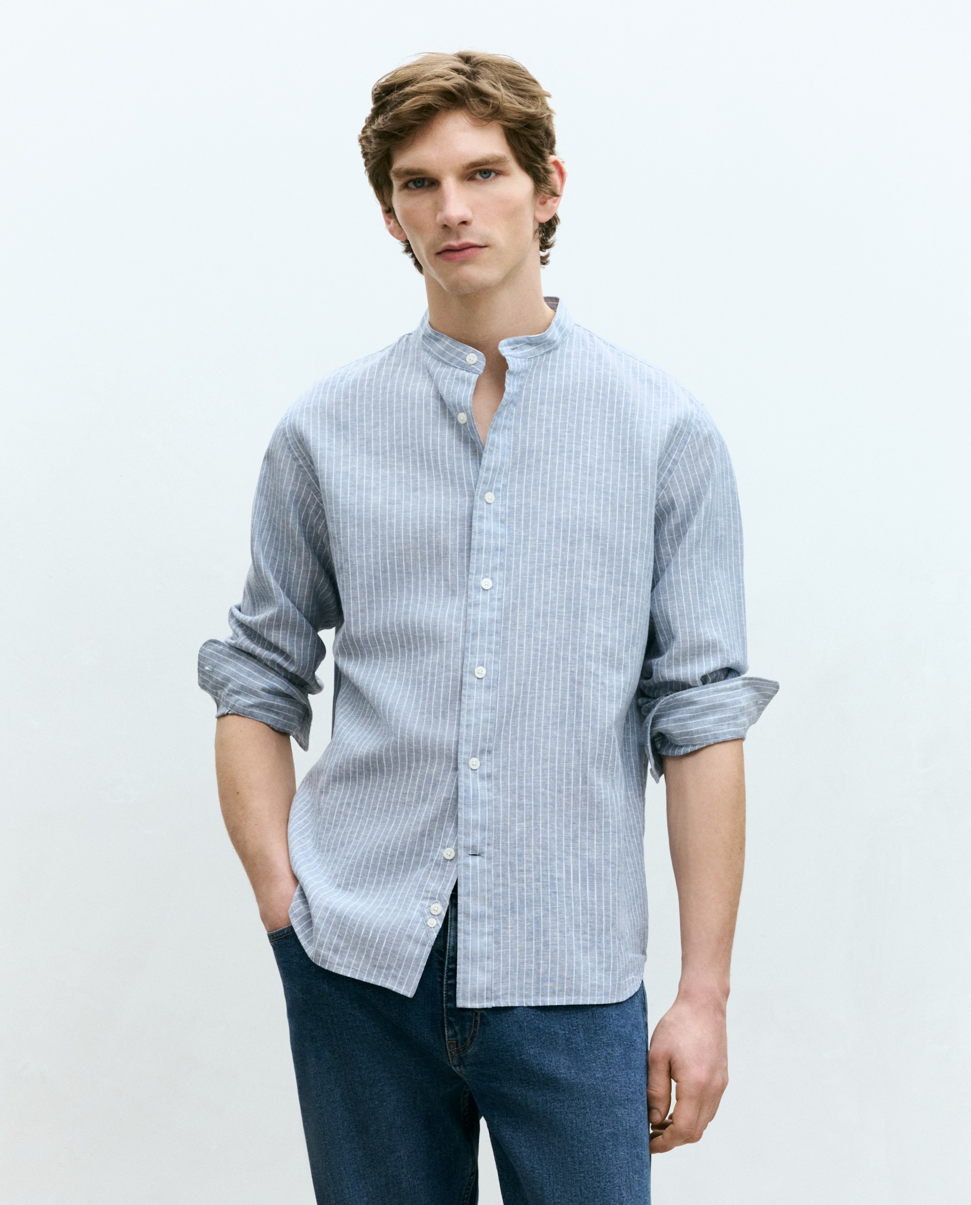 Dustin - Camisa sport manga larga cuello mao de lino mezcla rayas..