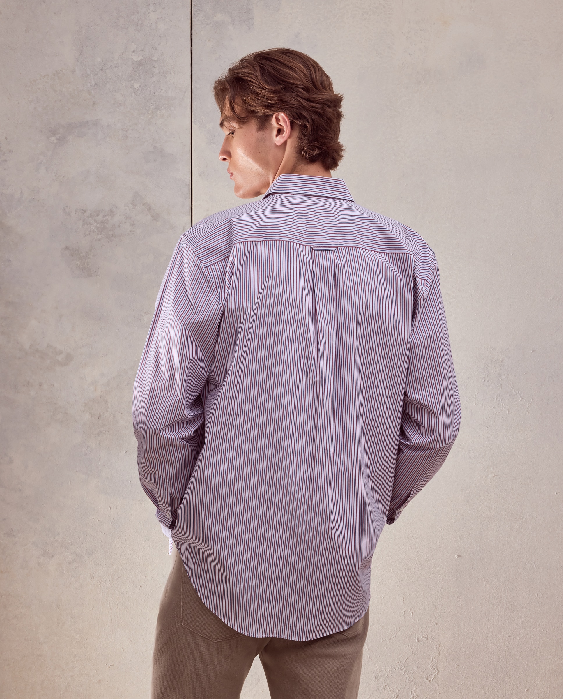 Camisa de Algodão Stretch de Popelina às Riscas Bicolor Vermelho-3