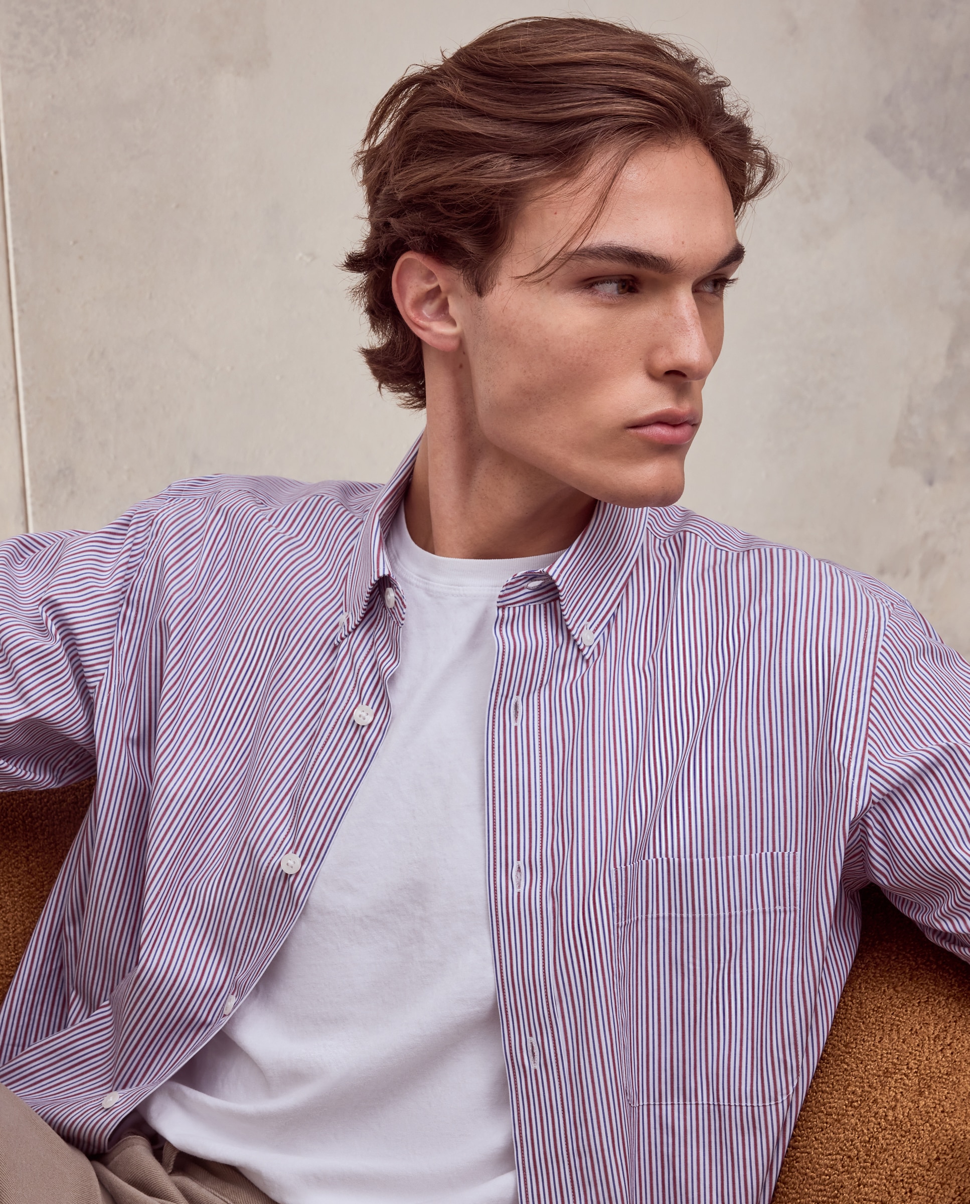 Camisa de Algodão Stretch de Popelina às Riscas Bicolor Vermelho-4