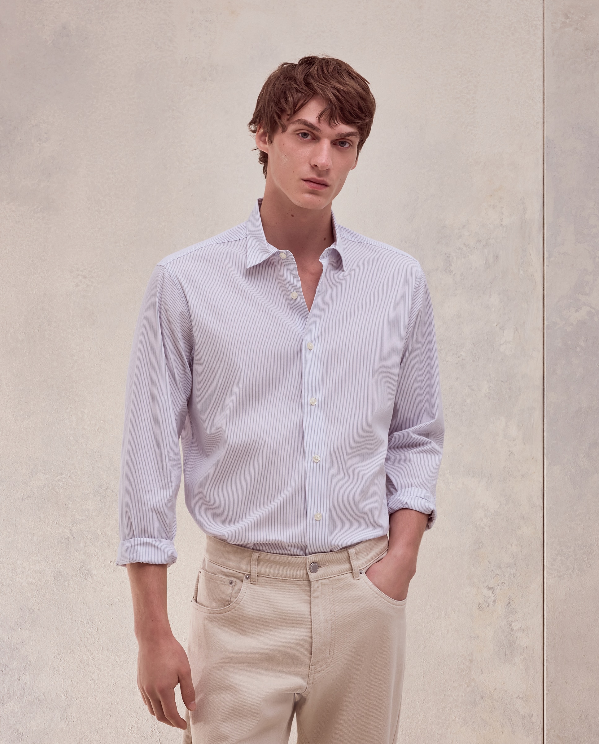 Imagen 0 de Camisa classic fit semi vestir de rayas de tacto suave de hombre  Blanco