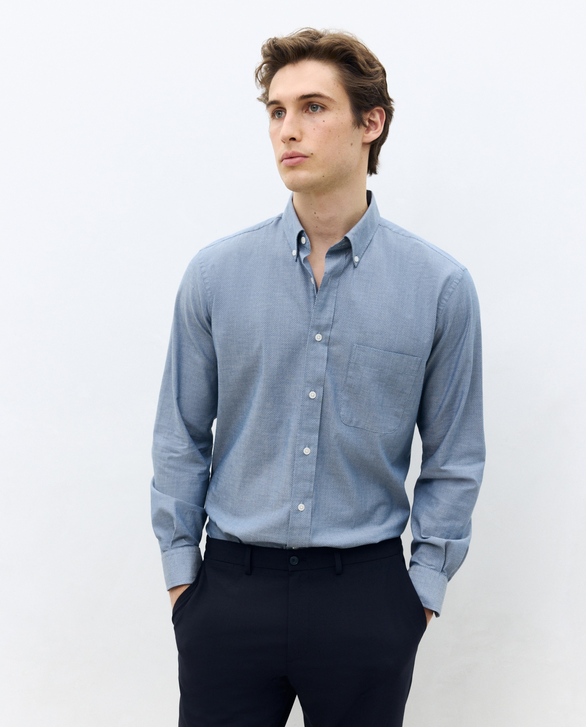 Imagem 0 de Camisa Casual Classic Fit de Popelina e Chambray com Micro Estampado