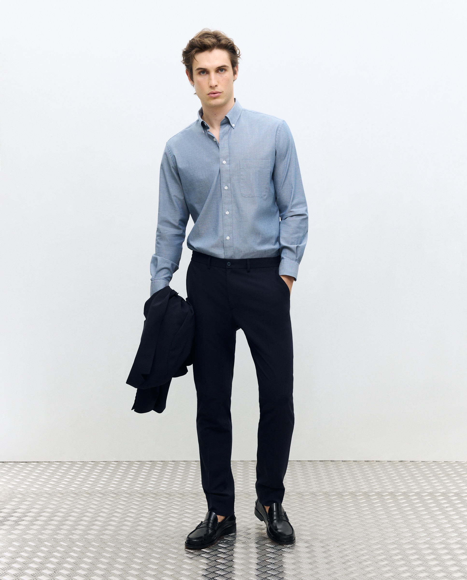 Camisa Casual Classic Fit de Popelina e Chambray com Micro Estampado Azul-marinho-2