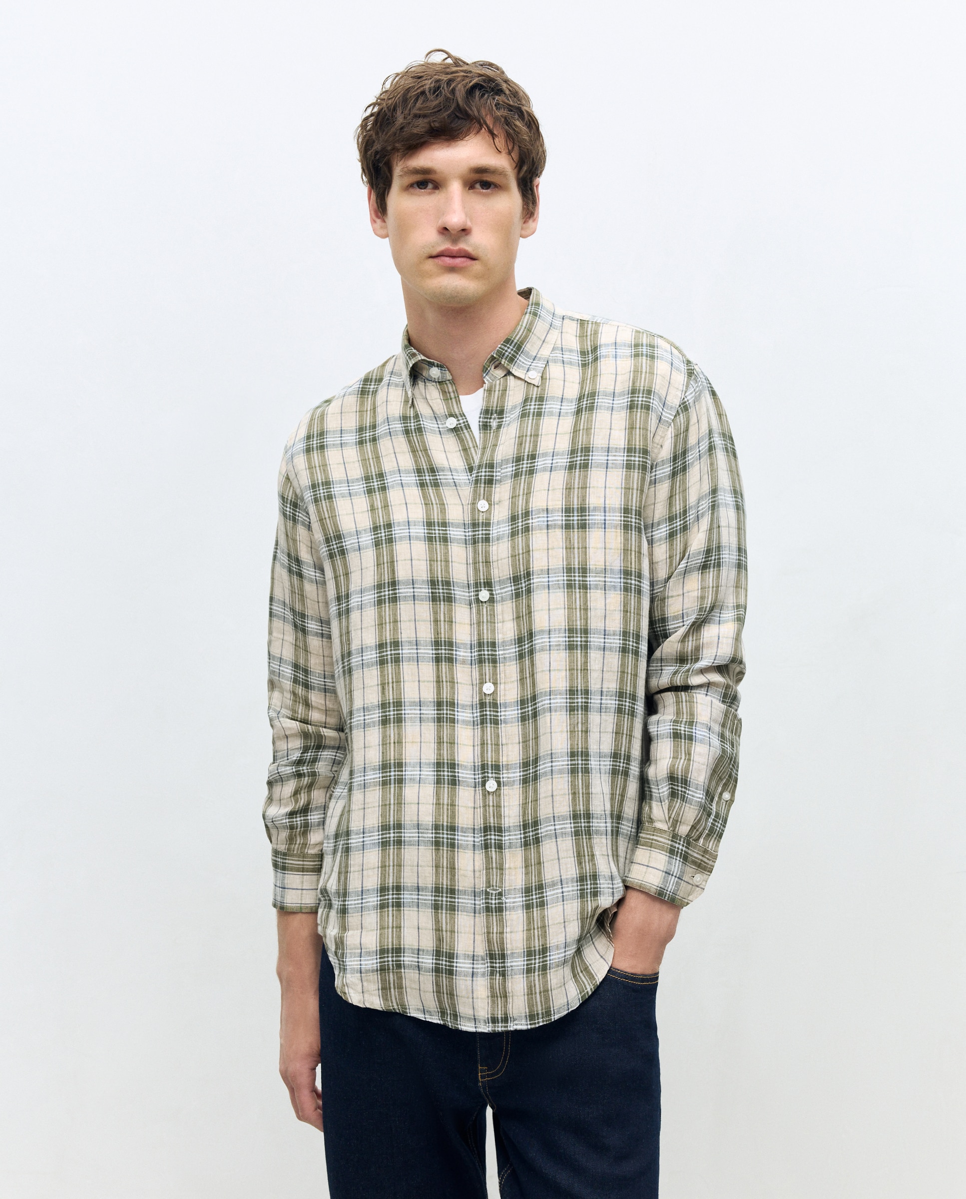 Camisa de sport de manga larga de lino algodón de cuadros - Dustin - Verde Verde-2