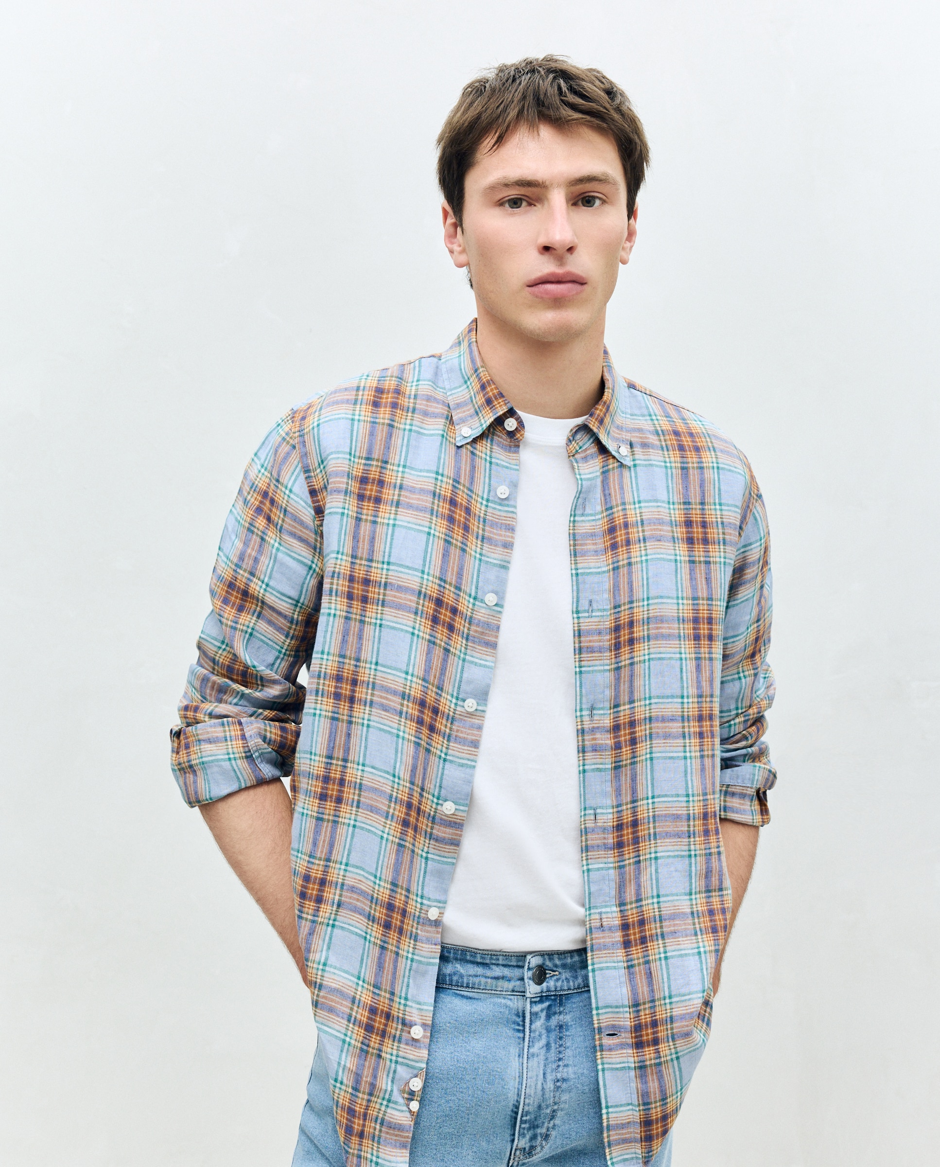 Dustin - Camisa sport manga larga 100% lino cuadros de colección classic fit..