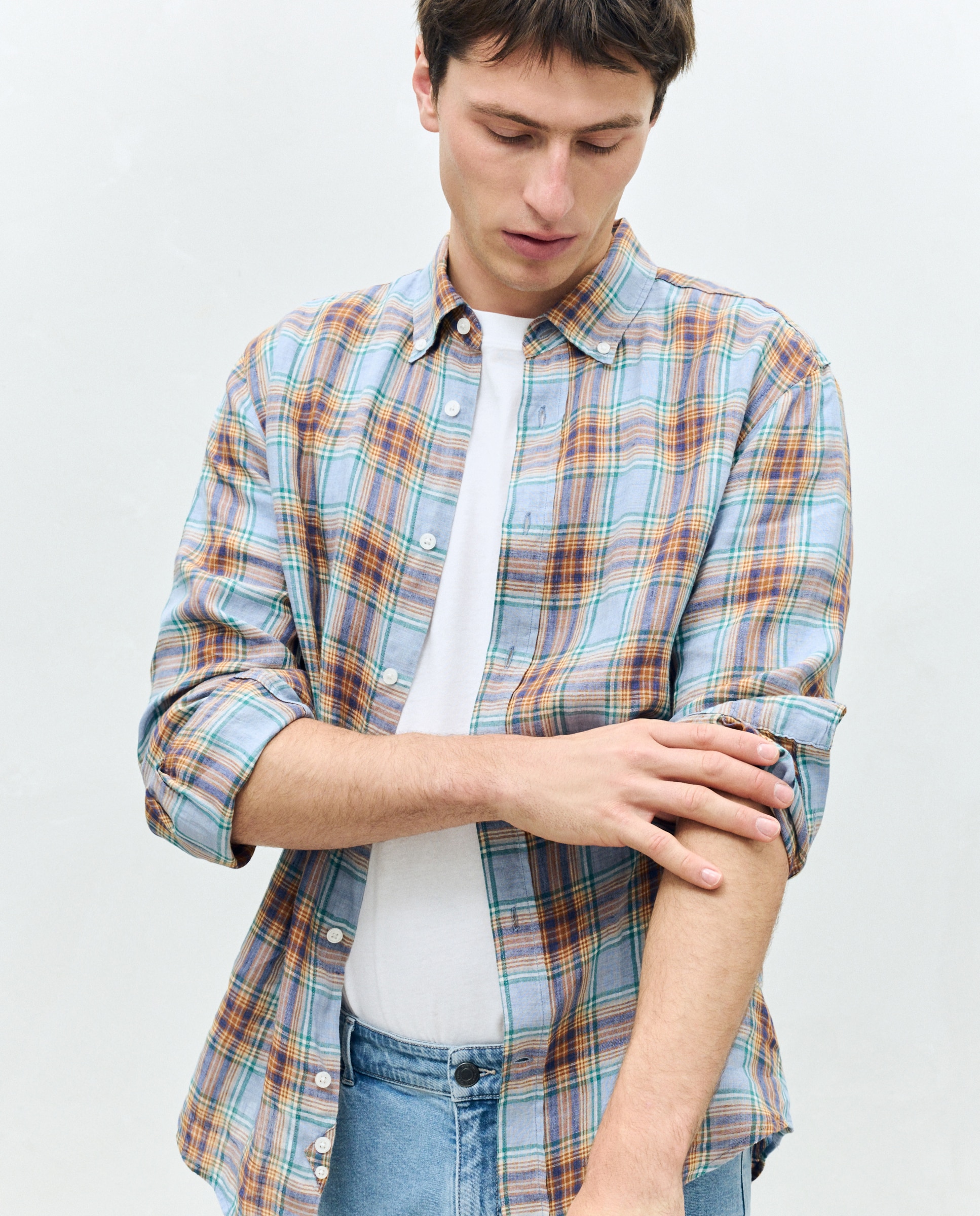 Camisa Casual de Manga Comprida 100% Linho aos Quadrados da Coleção Classic Fit Azul-marinho-3