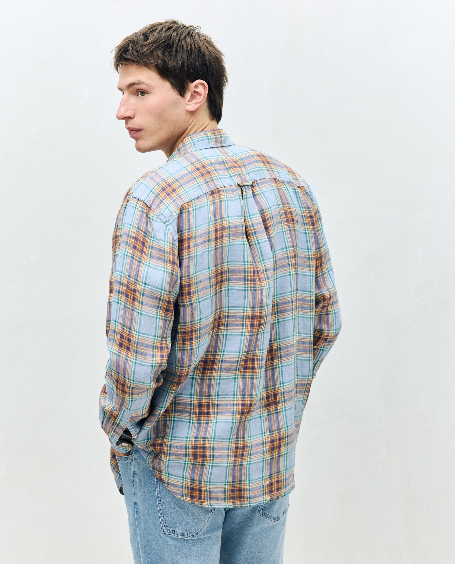 Camisa Casual de Manga Comprida 100% Linho aos Quadrados da Coleção Classic Fit Azul-marinho-4