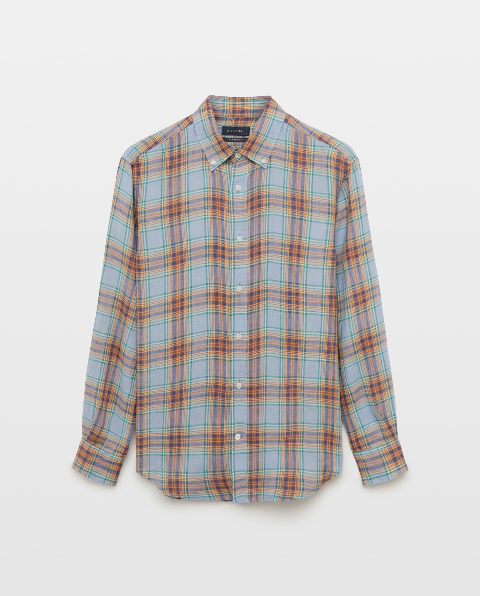 Camisa Casual de Manga Comprida 100% Linho aos Quadrados da Coleção Classic Fit Azul-marinho-5