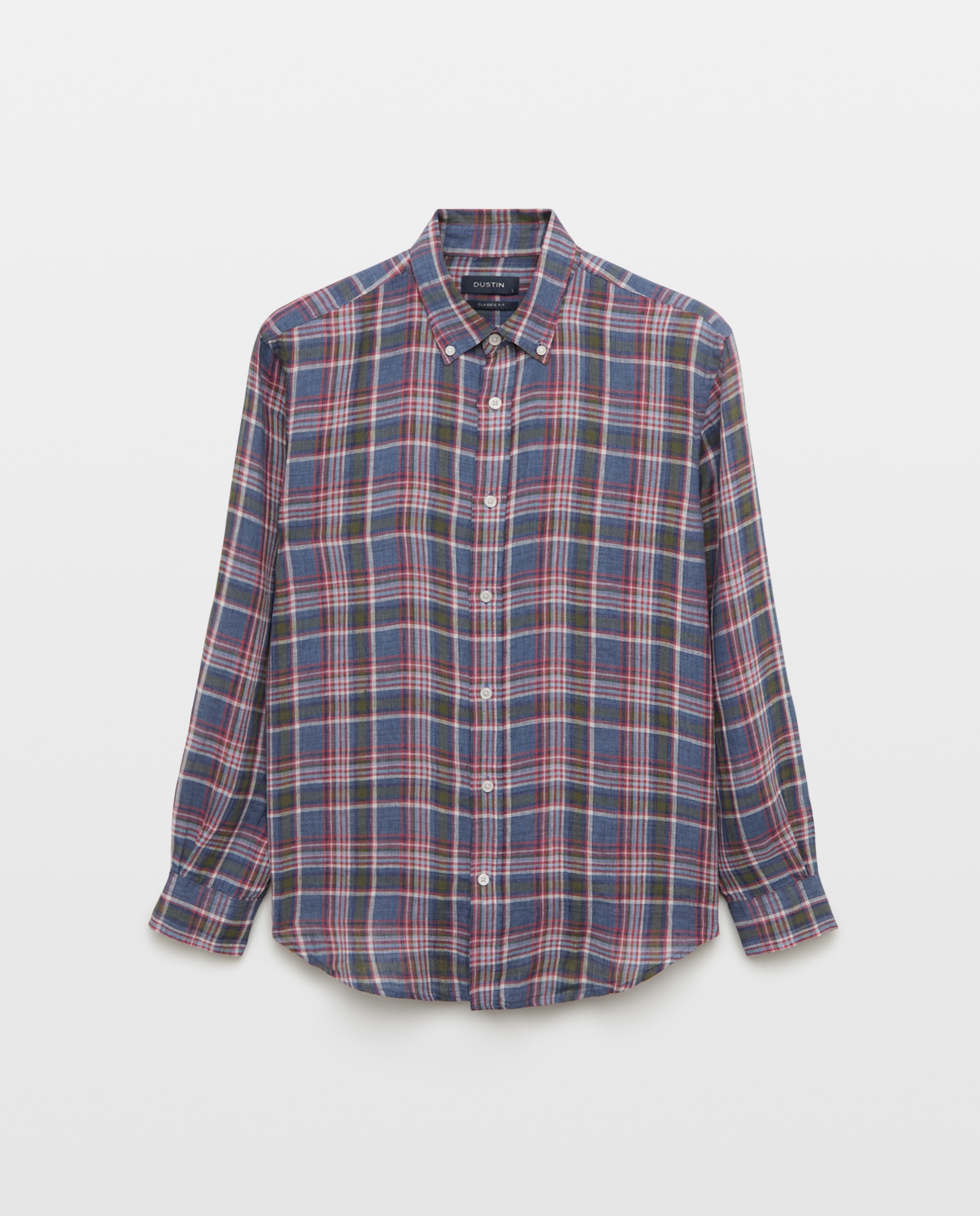 Camisa Casual de Manga Comprida 100% Linho aos Quadrados da Coleção Classic Fit Azul-marinho-5