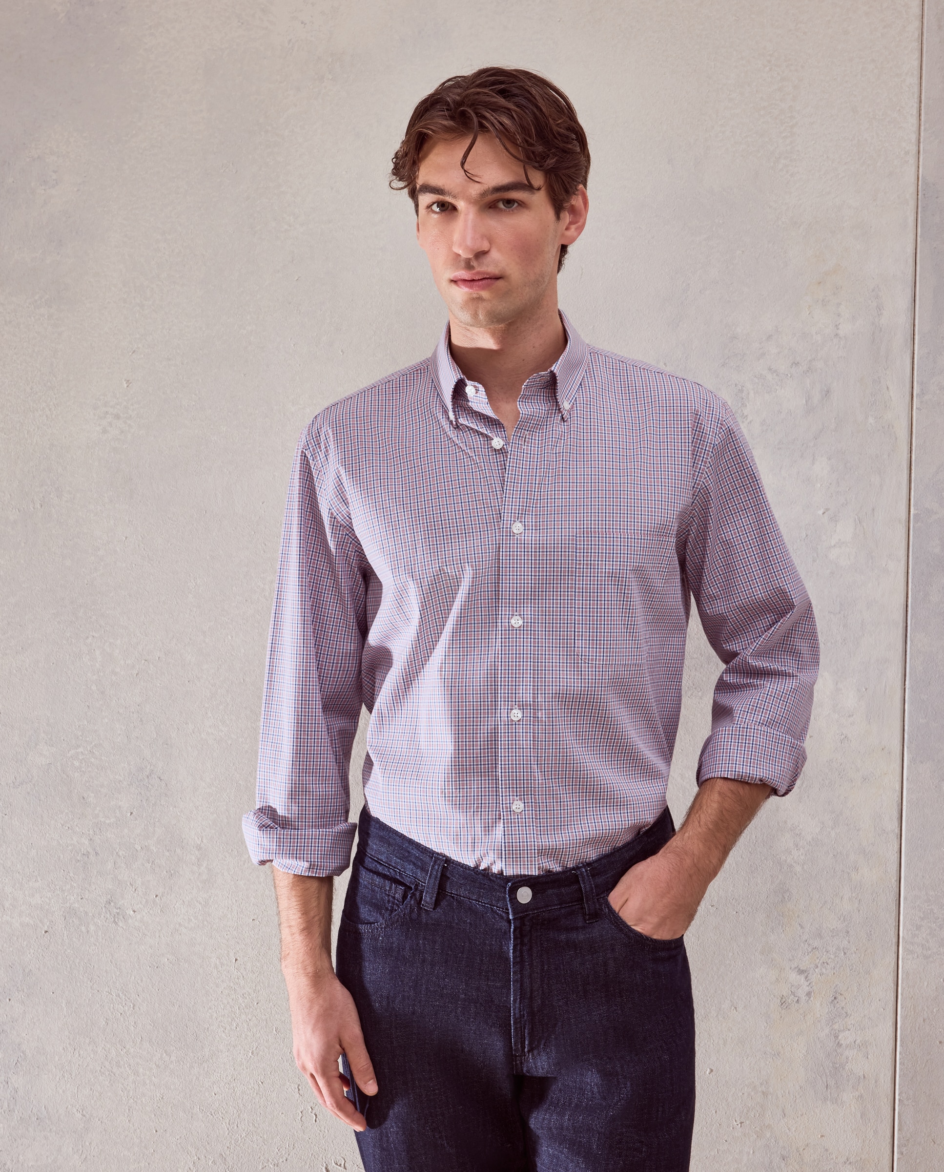 Camisa classic fit de cuadros con perfilería roja de algodón stretch de hombre - Dustin - Rojo Rojo-2