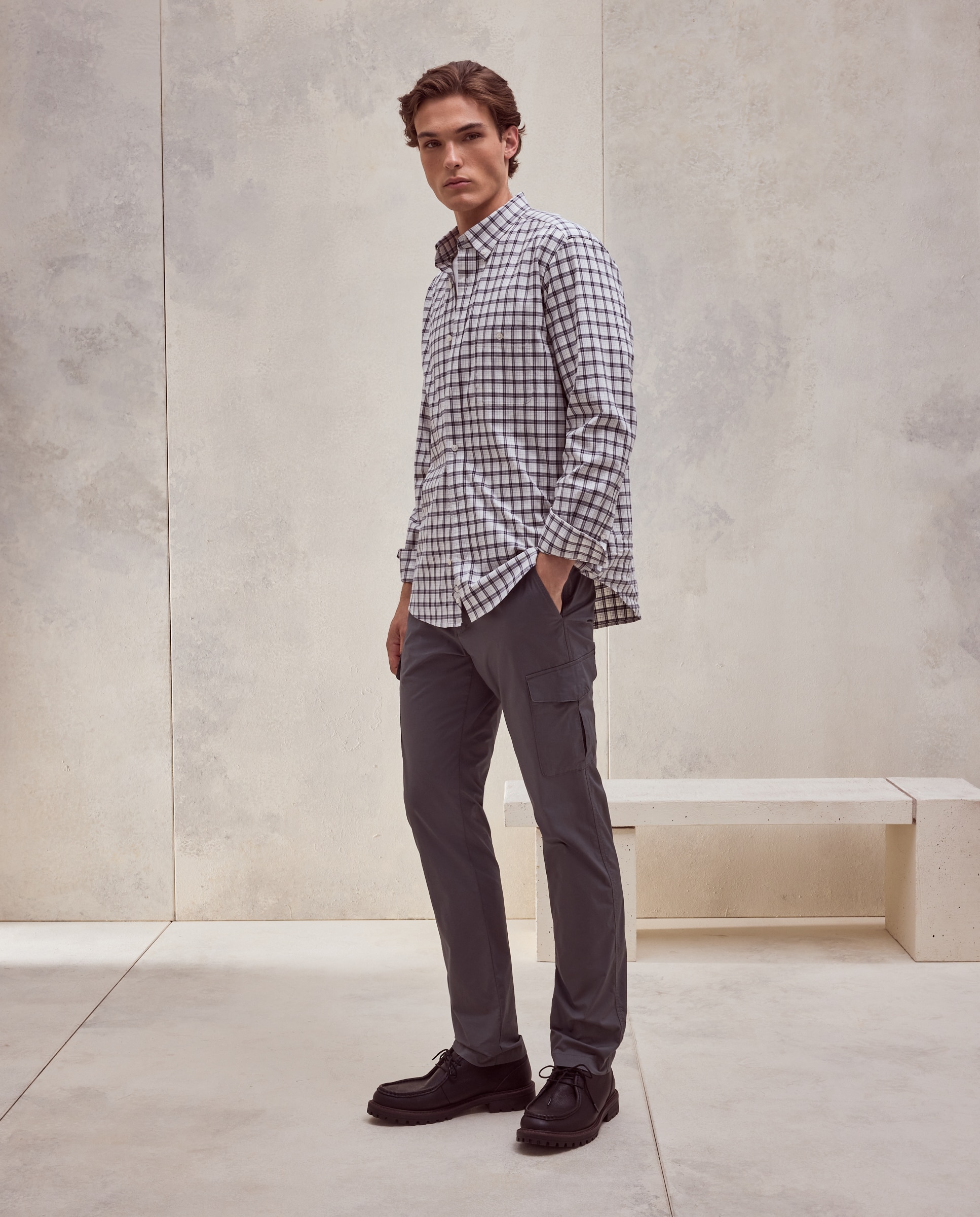 Camisa classic fit de twill de algodón stretch con cuadro de colección de hombre - Dustin - Azul marino Azul marino-2