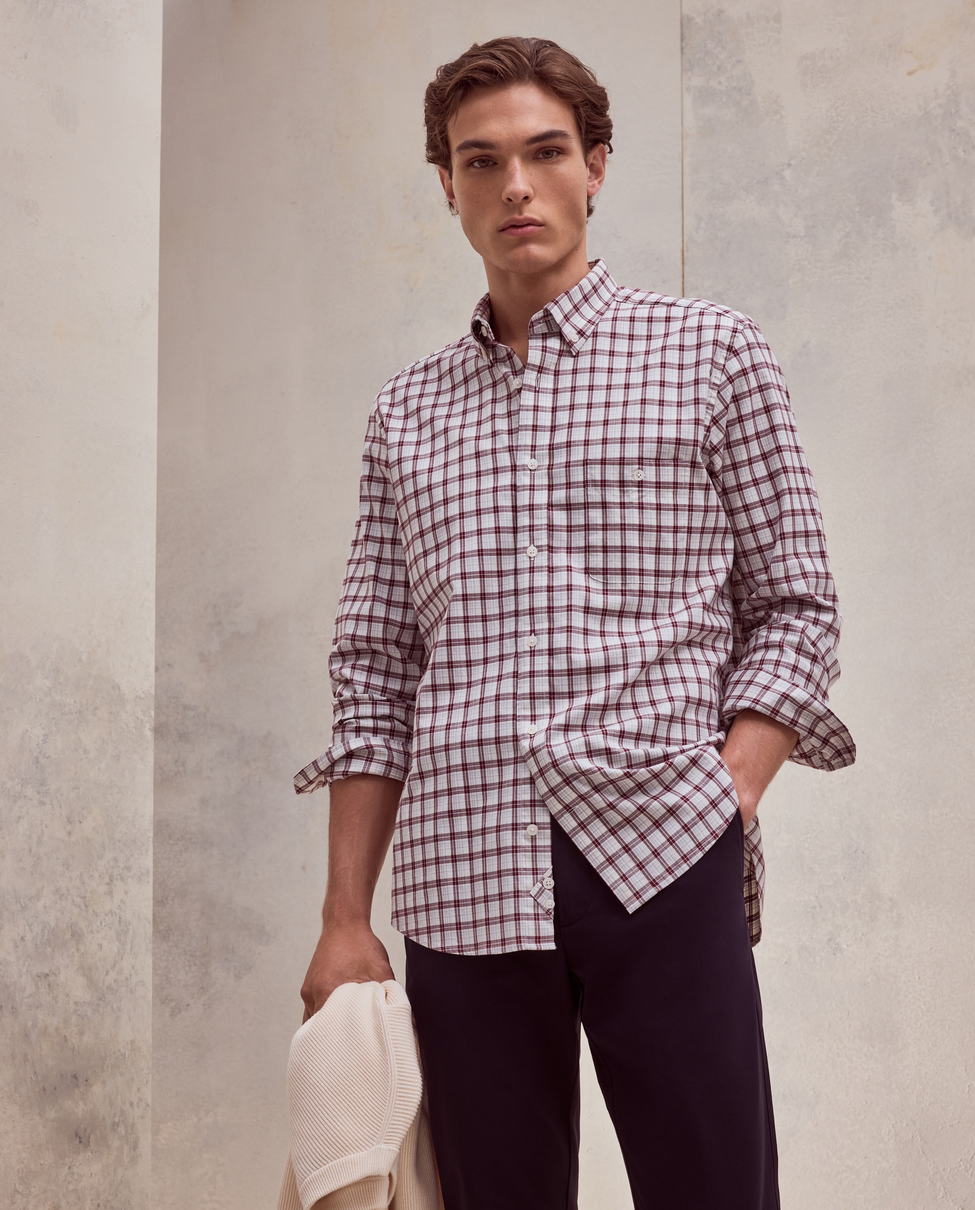 Camisa classic fit de twill de algodón stretch con cuadro de colección de hombre - Dustin - Burdeos Burdeos-1