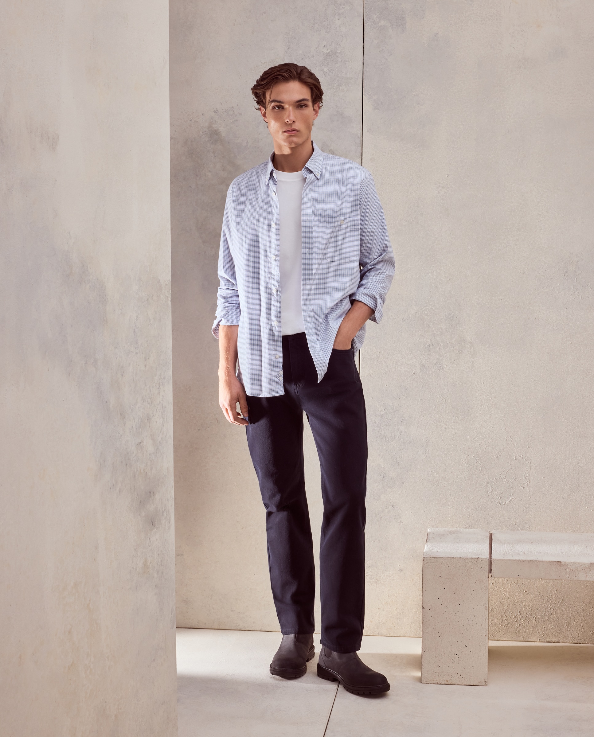 Camisa classic fit de twill de algodón stretch con cuadro perfilería de hombre - Dustin - Azul claro Azul claro-2