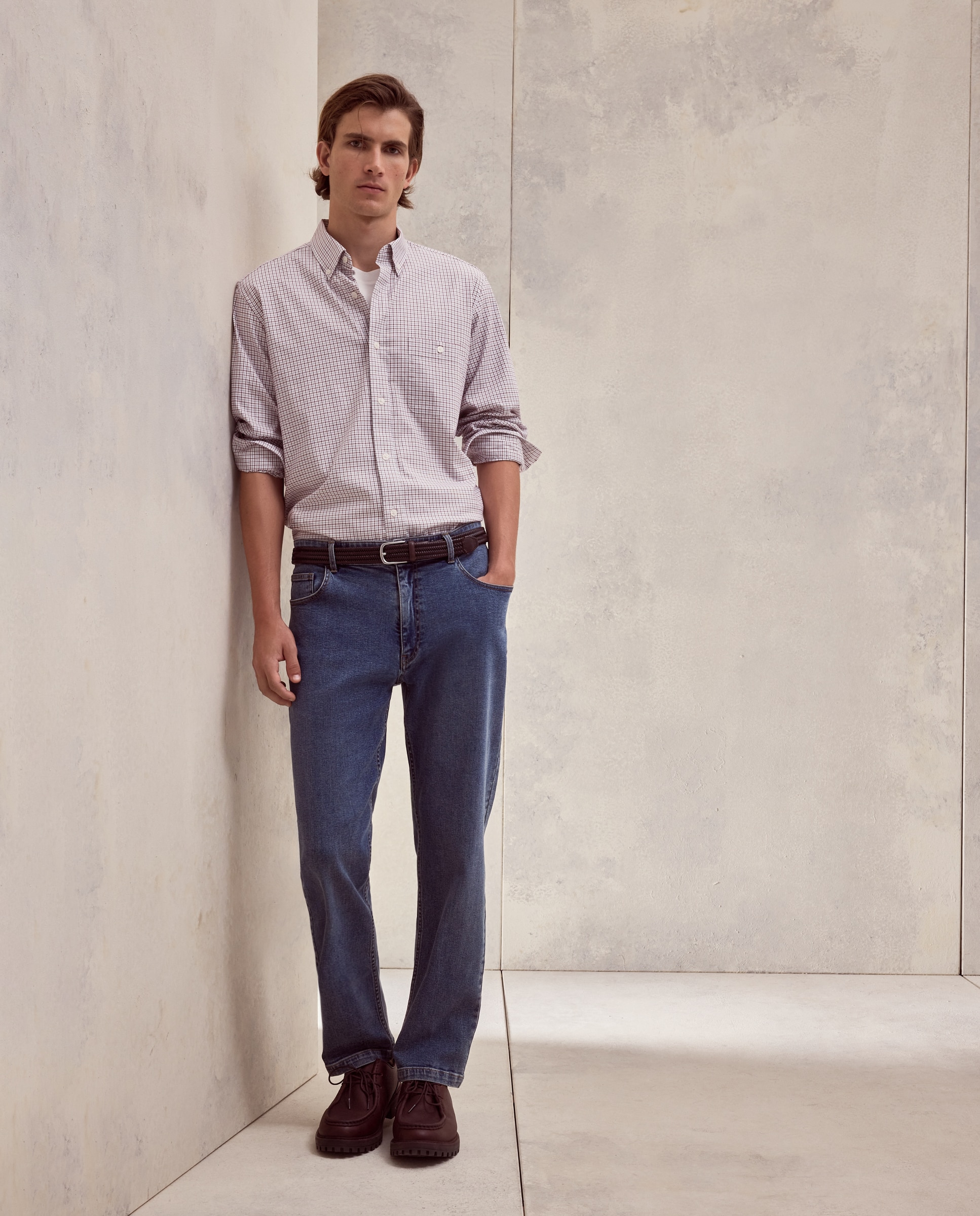Camisa classic fit de twill de algodón stretch con cuadro perfilería de hombre - Dustin - Burdeos Burdeos-1