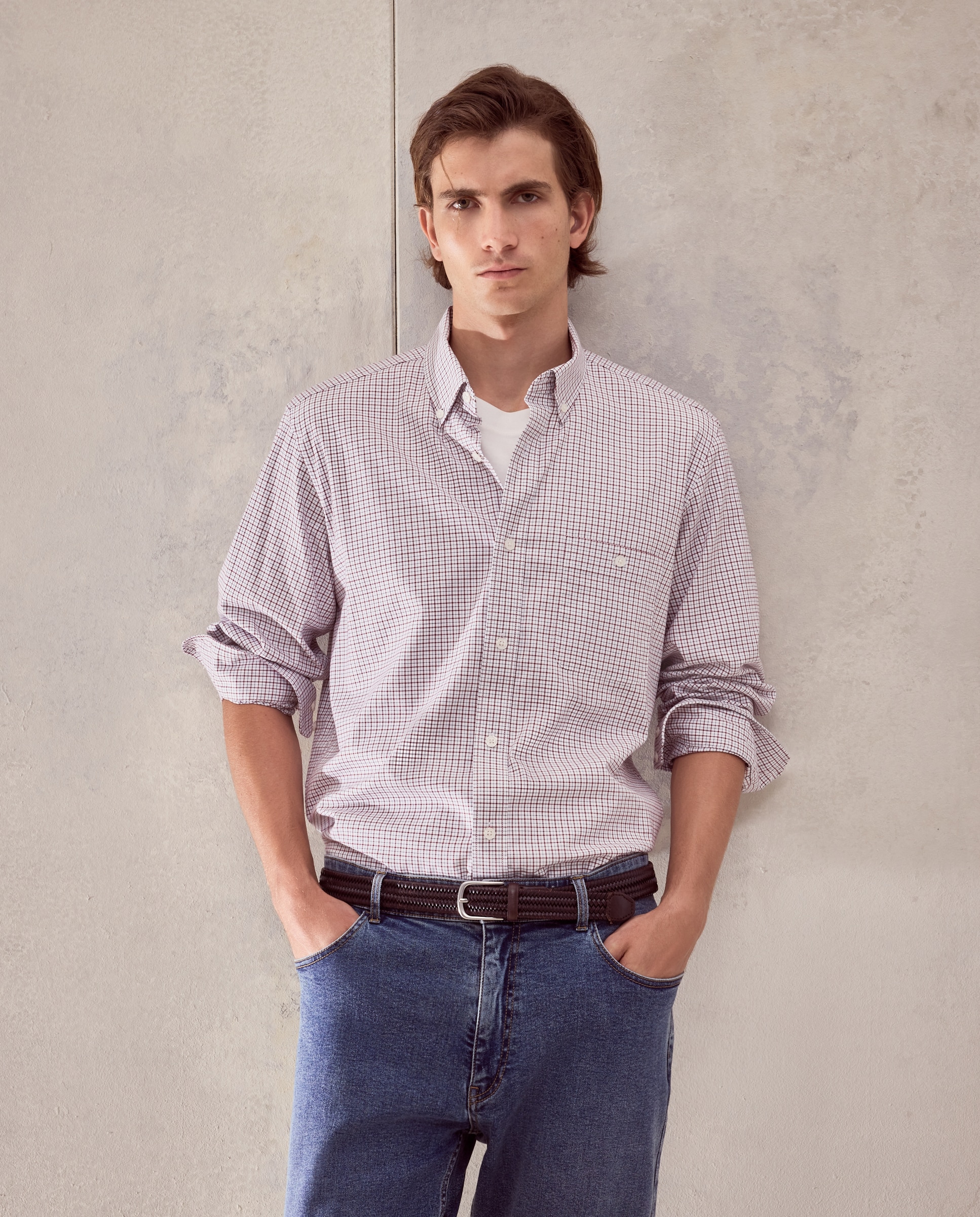 Camisa classic fit de twill de algodón stretch con cuadro perfilería de hombre - Dustin - Burdeos Burdeos-2