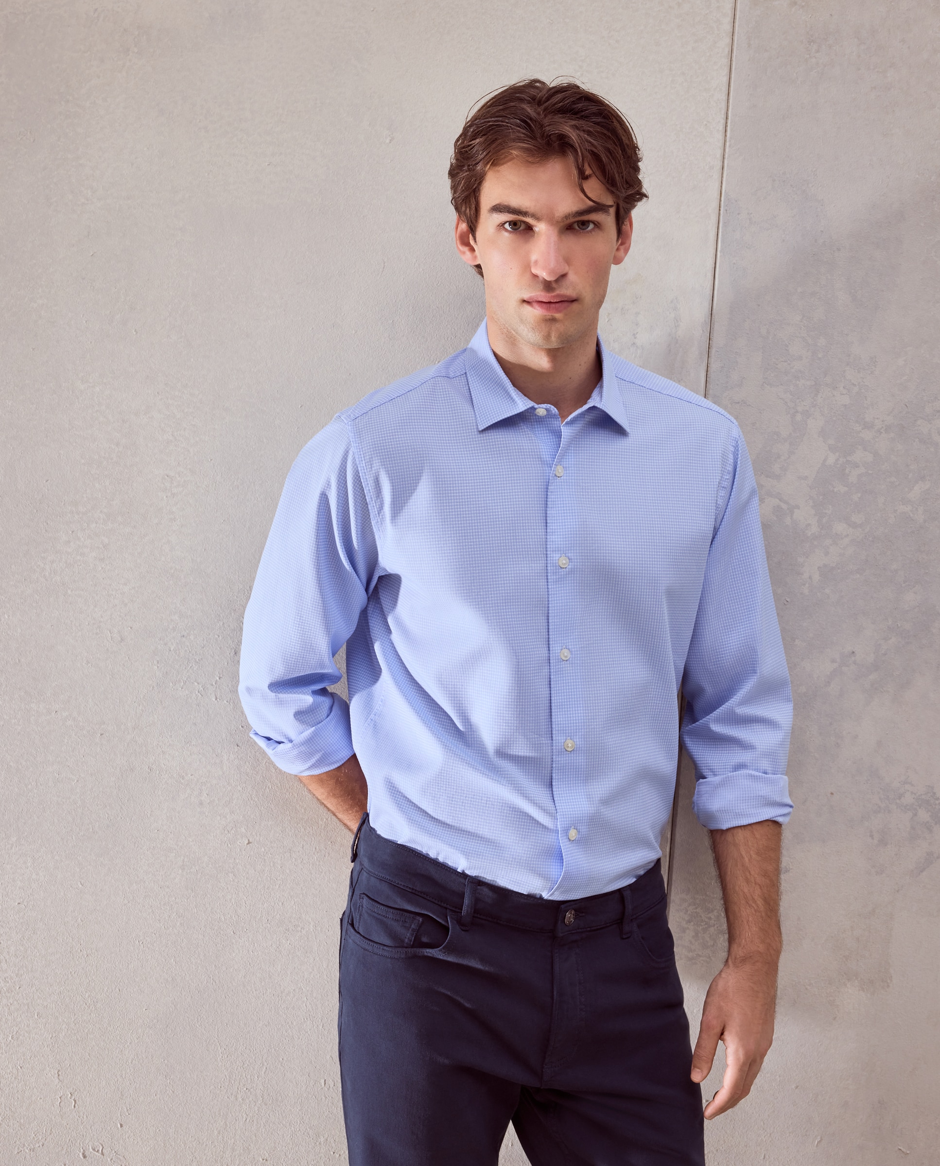 Camisa semi vestir de popelin peach de cuadros regular fit. - Dustin - Blanco Blanco-2