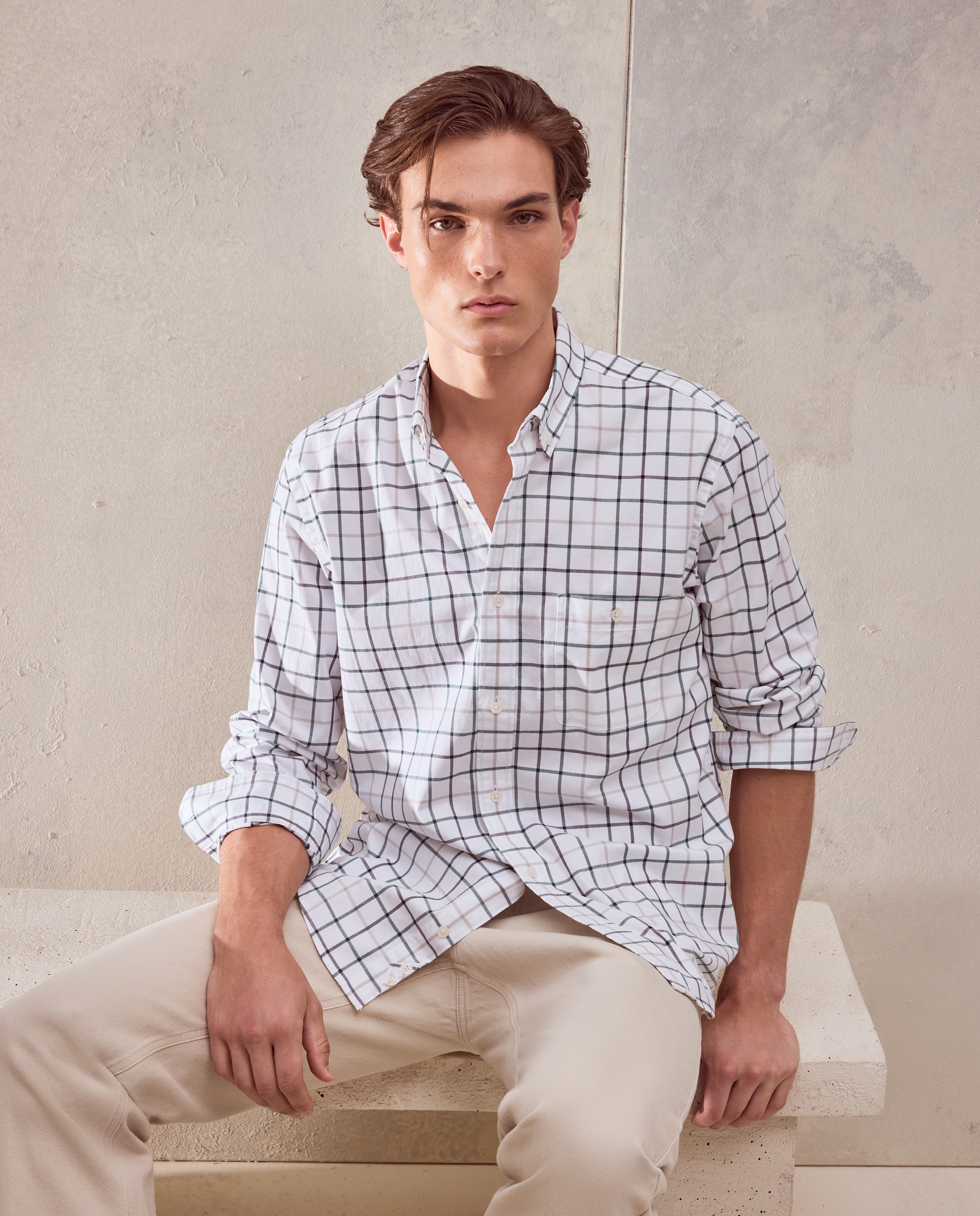 Camisa de hombre en twill stretch de cuadro con fondo blanco - Dustin - Verde Verde-1
