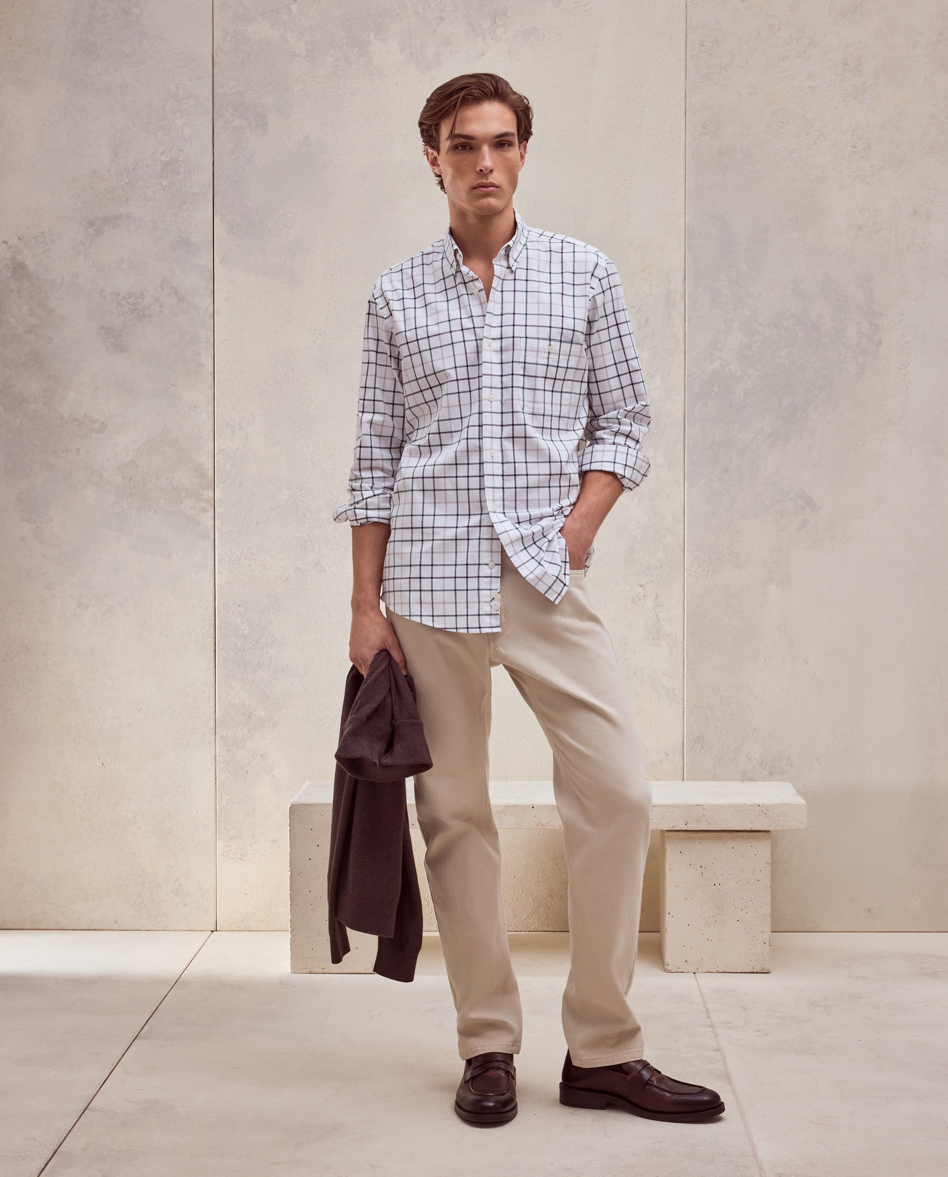 Camisa de hombre en twill stretch de cuadro con fondo blanco - Dustin - Verde Verde-2