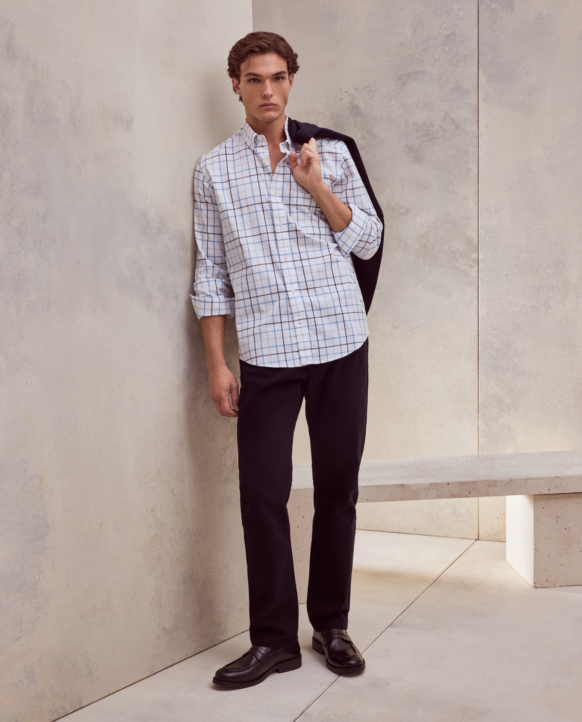 Camisa de hombre en twill stretch de cuadro con fondo blanco - Dustin - Azul Azul-1