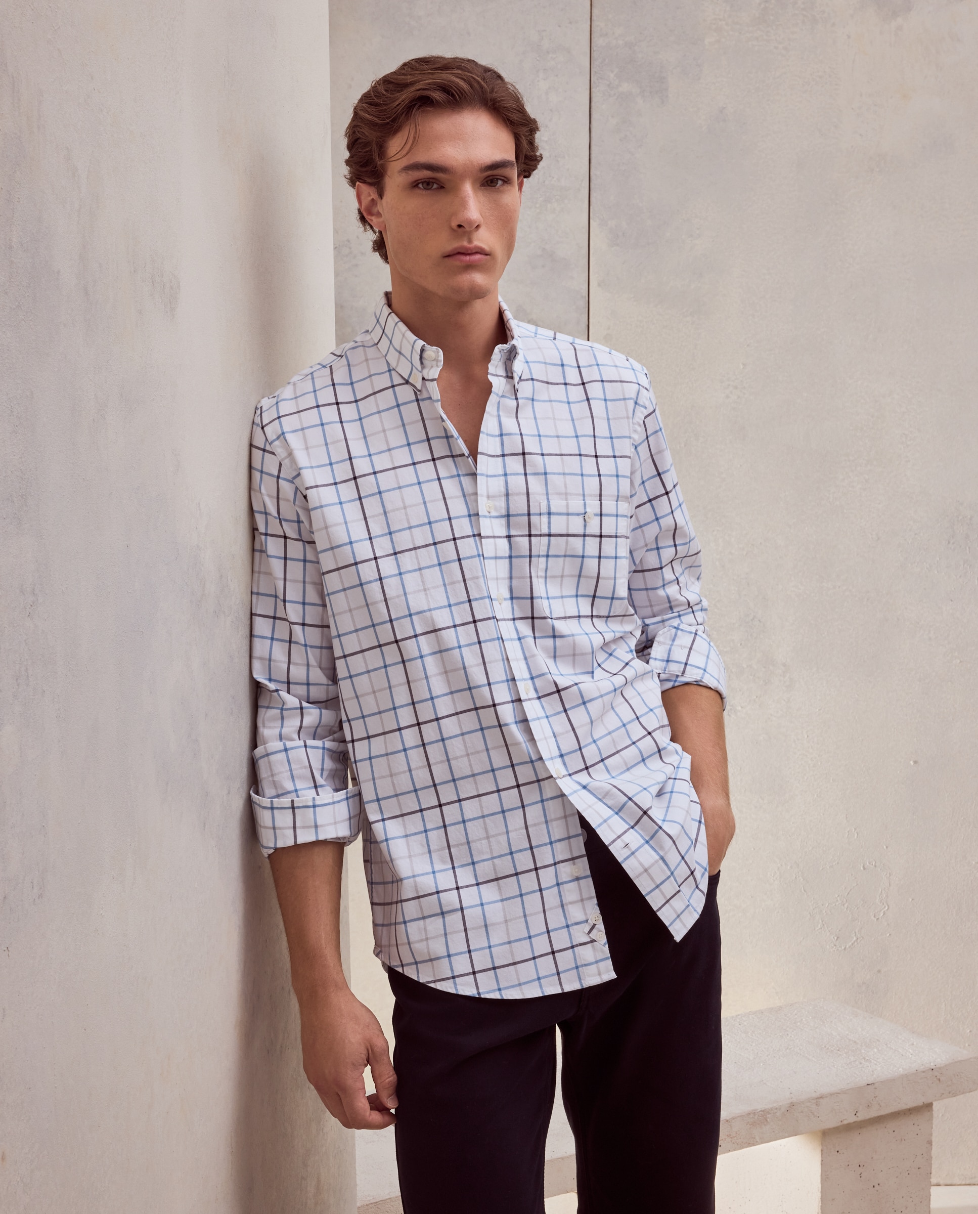 Camisa de hombre en twill stretch de cuadro con fondo blanco - Dustin - Azul Azul-2