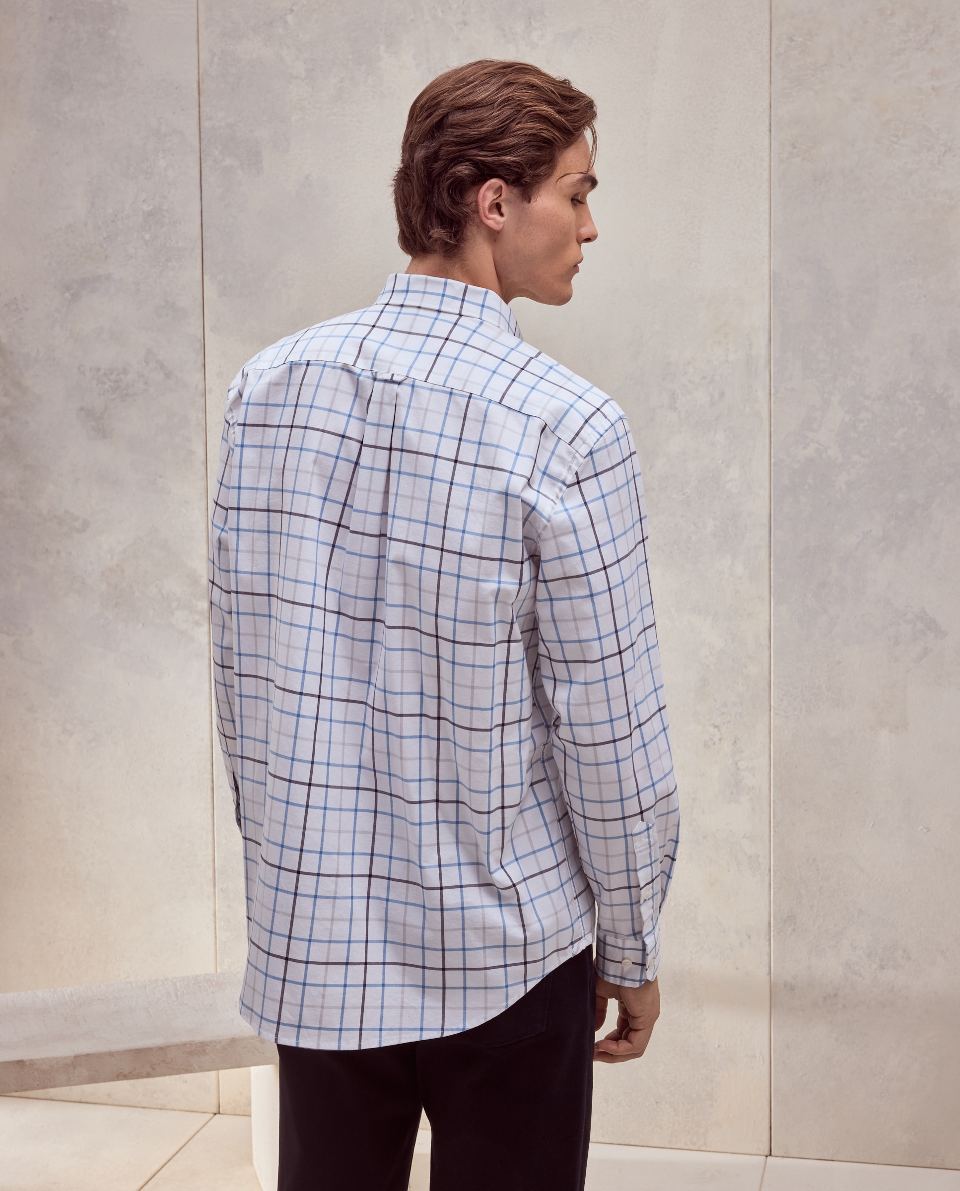 Camisa de hombre en twill stretch de cuadro con fondo blanco - Dustin - Azul Azul-3