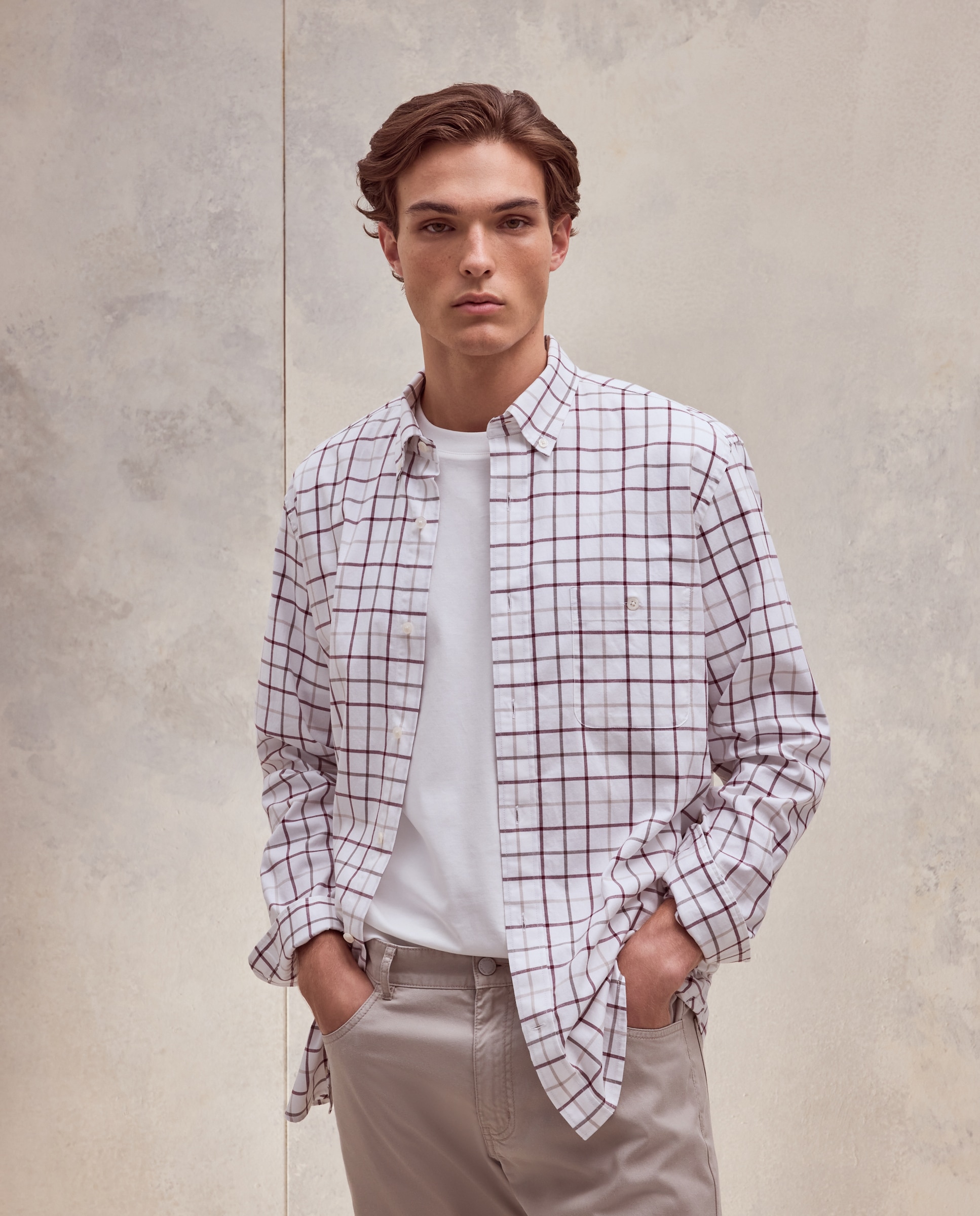 Camisa de hombre en twill stretch de cuadro con fondo blanco - Dustin - Burdeos Burdeos-2