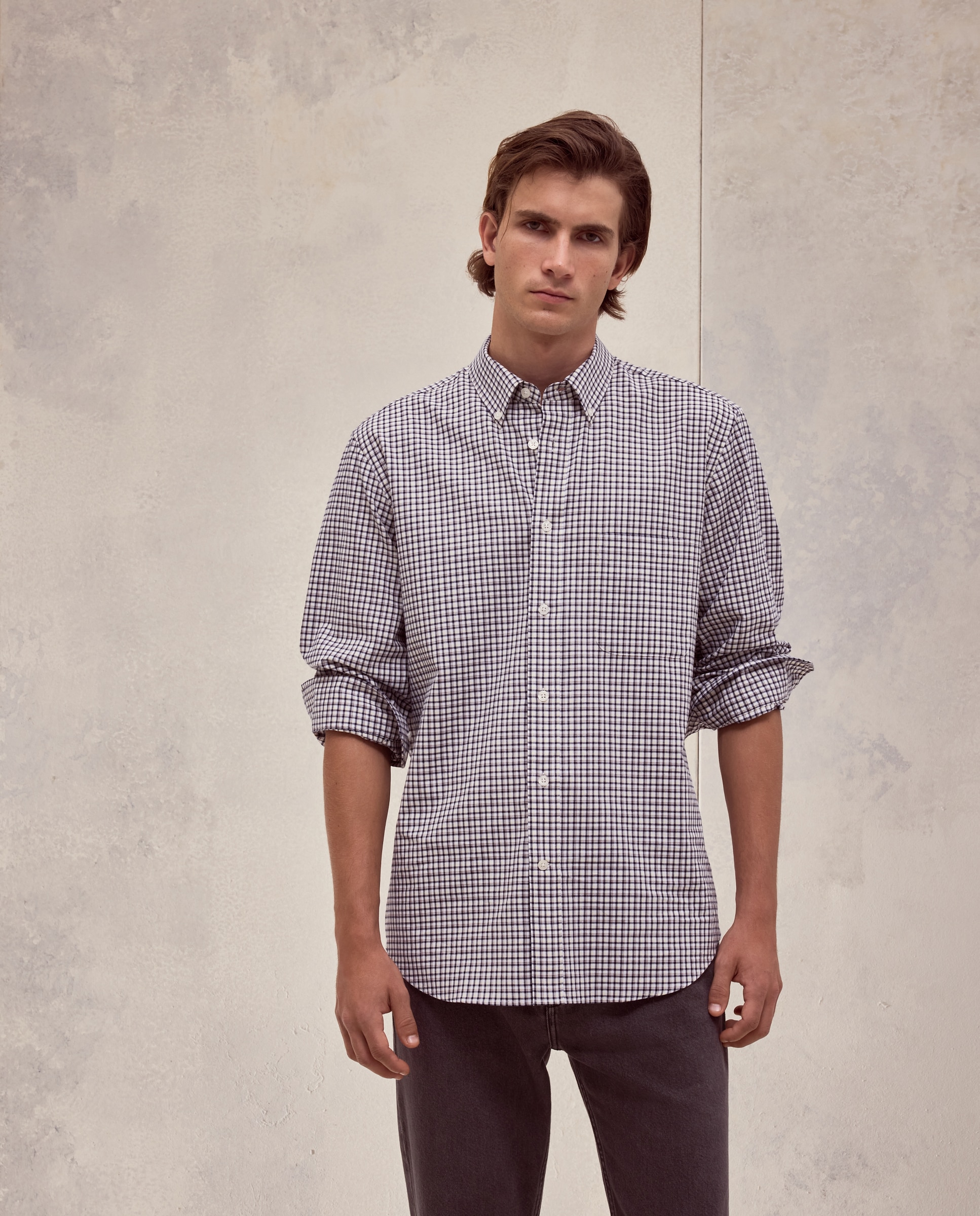 Camisa de twill de algodón de cuadros tricolor y classic fit. - Dustin - Azul marino Azul marino-1