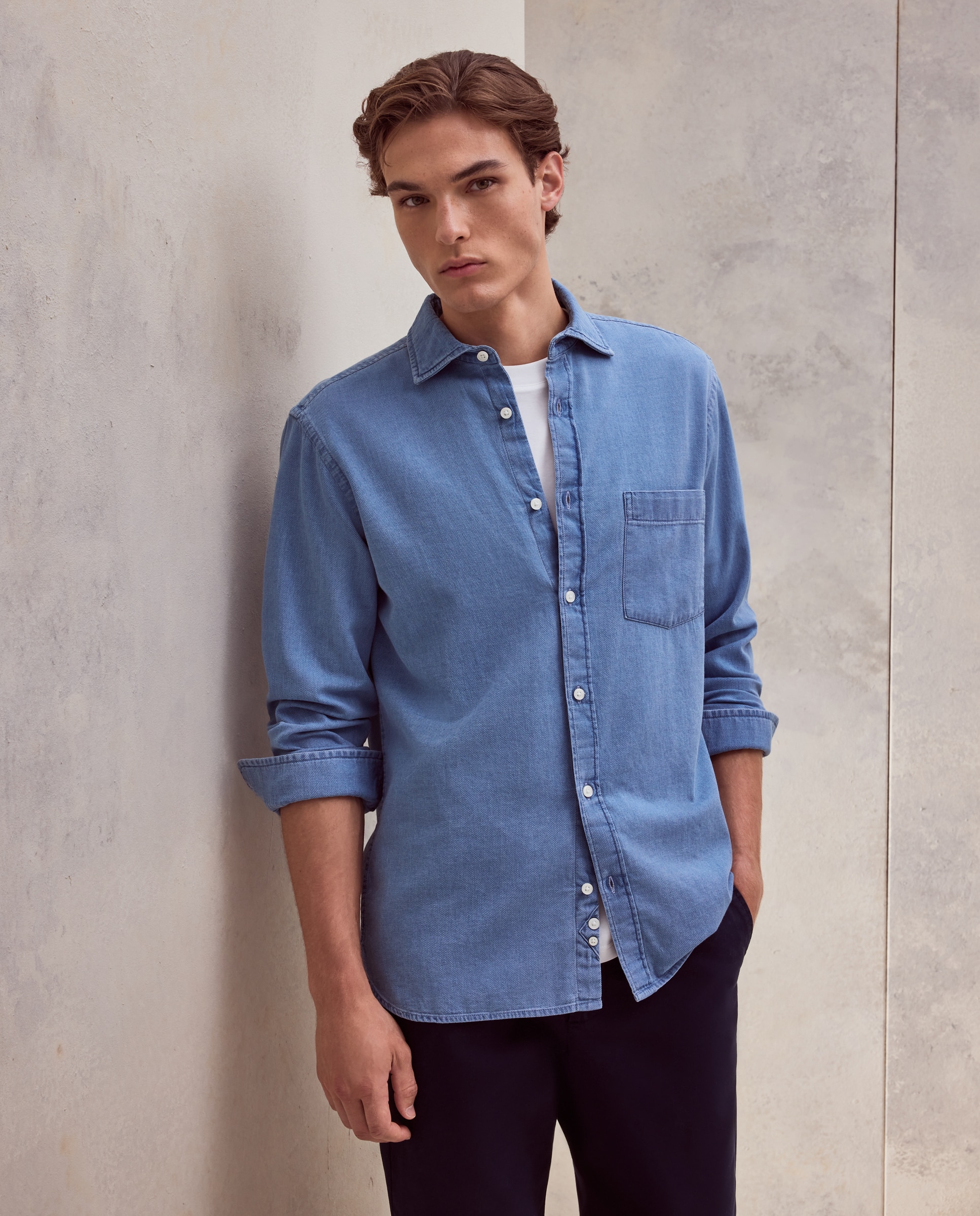 Camisa de hombre estructura indigo regular de algodón - Dustin - Azul oscuro Azul oscuro-2
