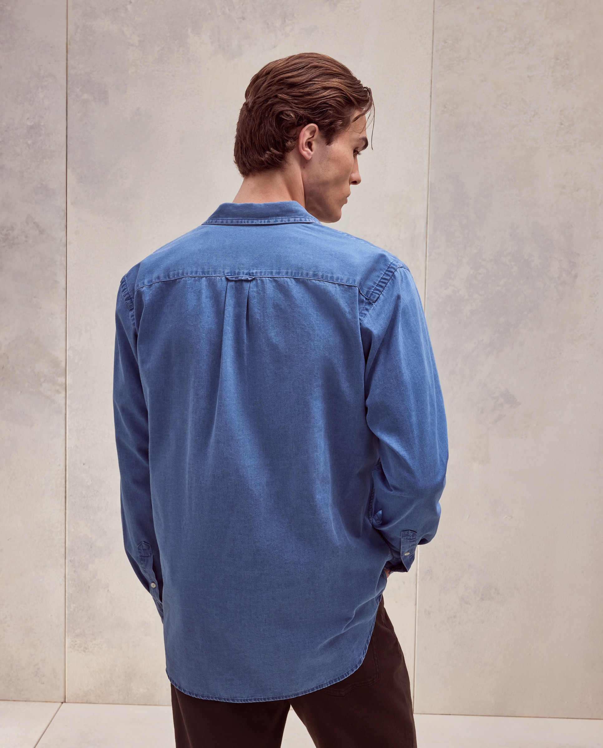 Camisa de Ganga e Chambray com Manga Comprida. Azul-3