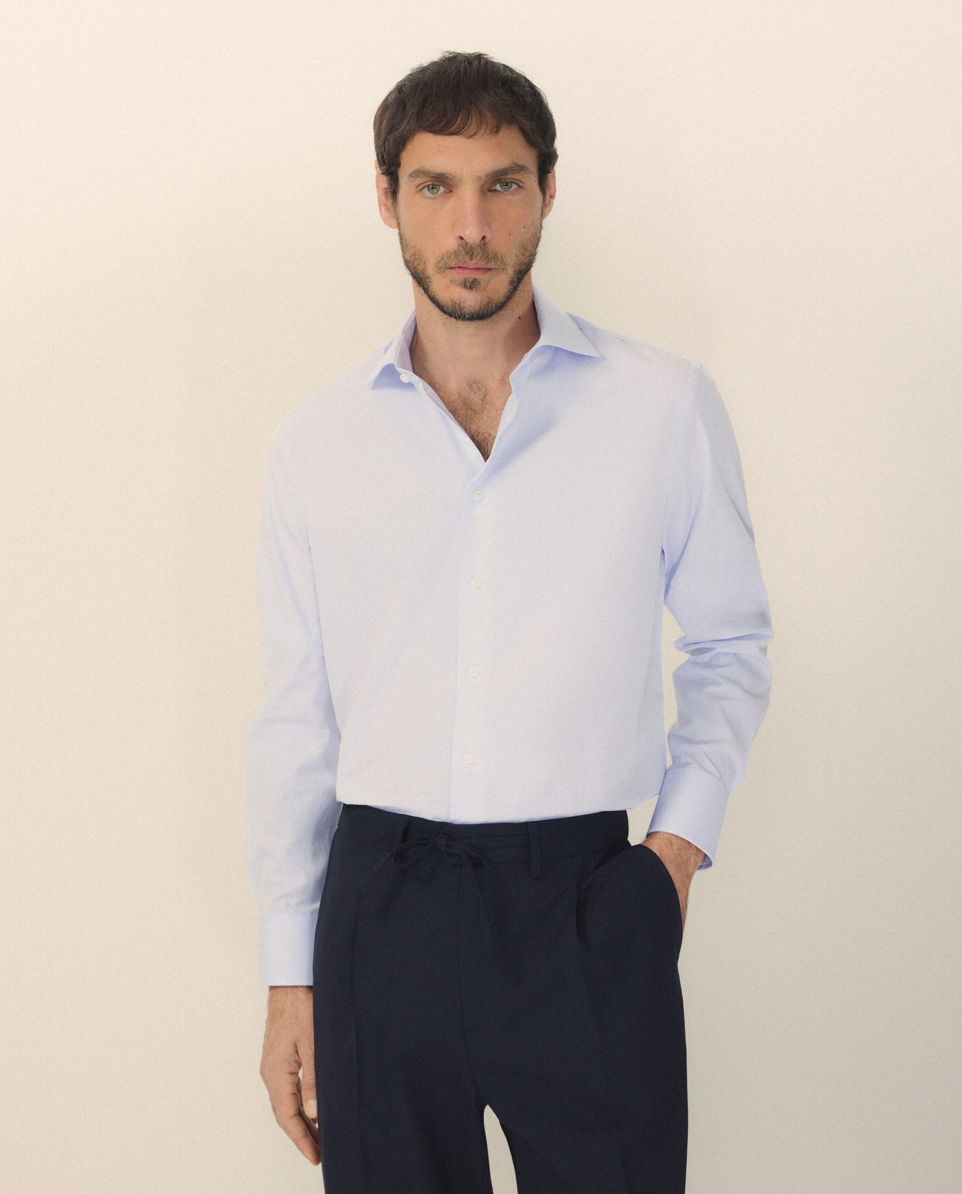 Camisa Clássica Regular Fit de Algodão Egípcio com Manga Comprida Azul-1