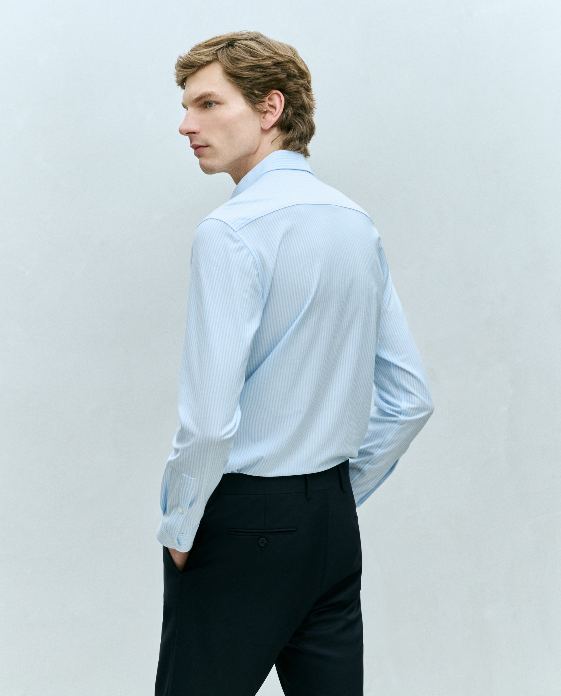 Camisa Clássica Regular Fit de Malha às Riscas com Manga Comprida Azul-claro-3