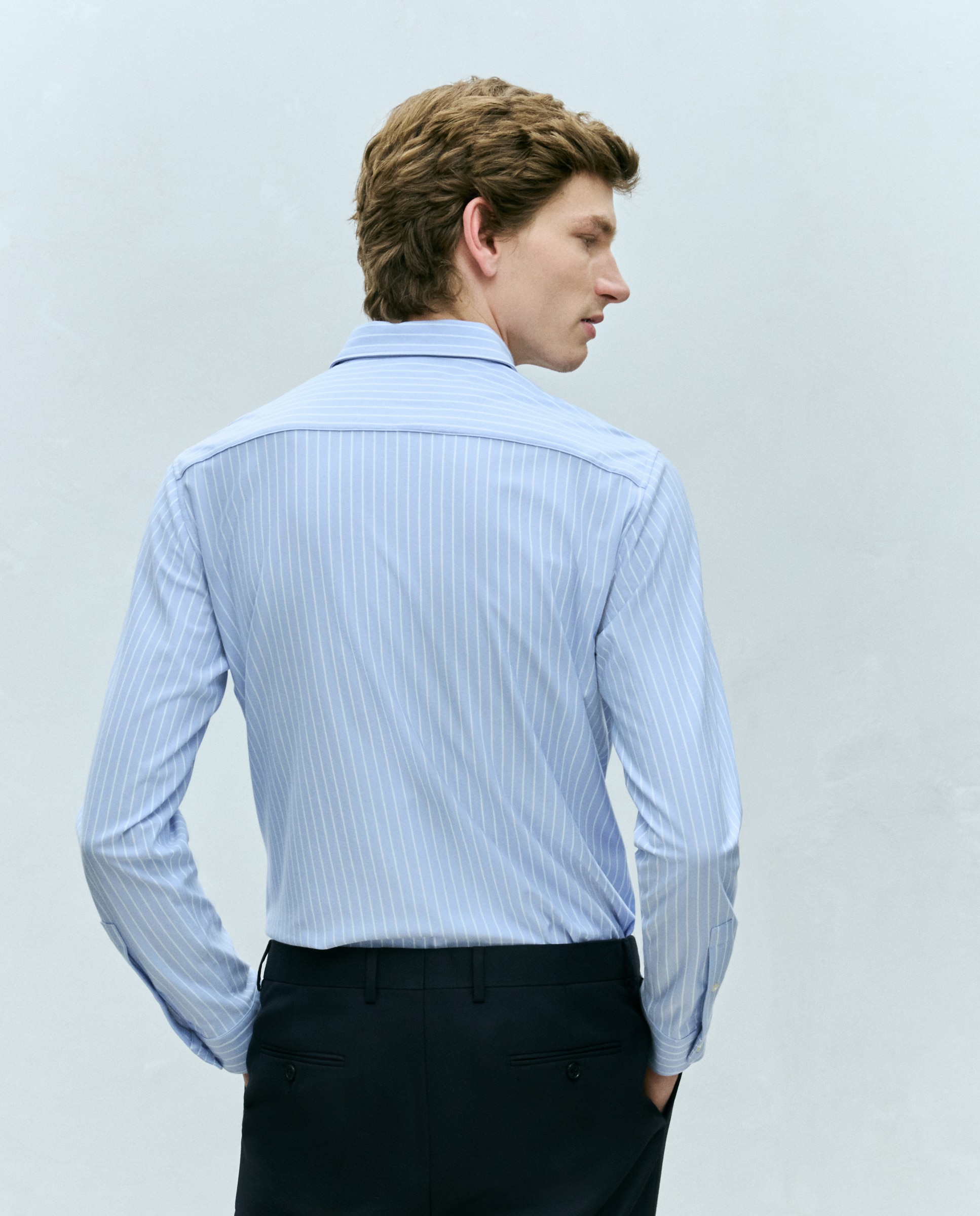 Camisa Clássica Regular Fit de Malha às Riscas com Manga Comprida Azul-3