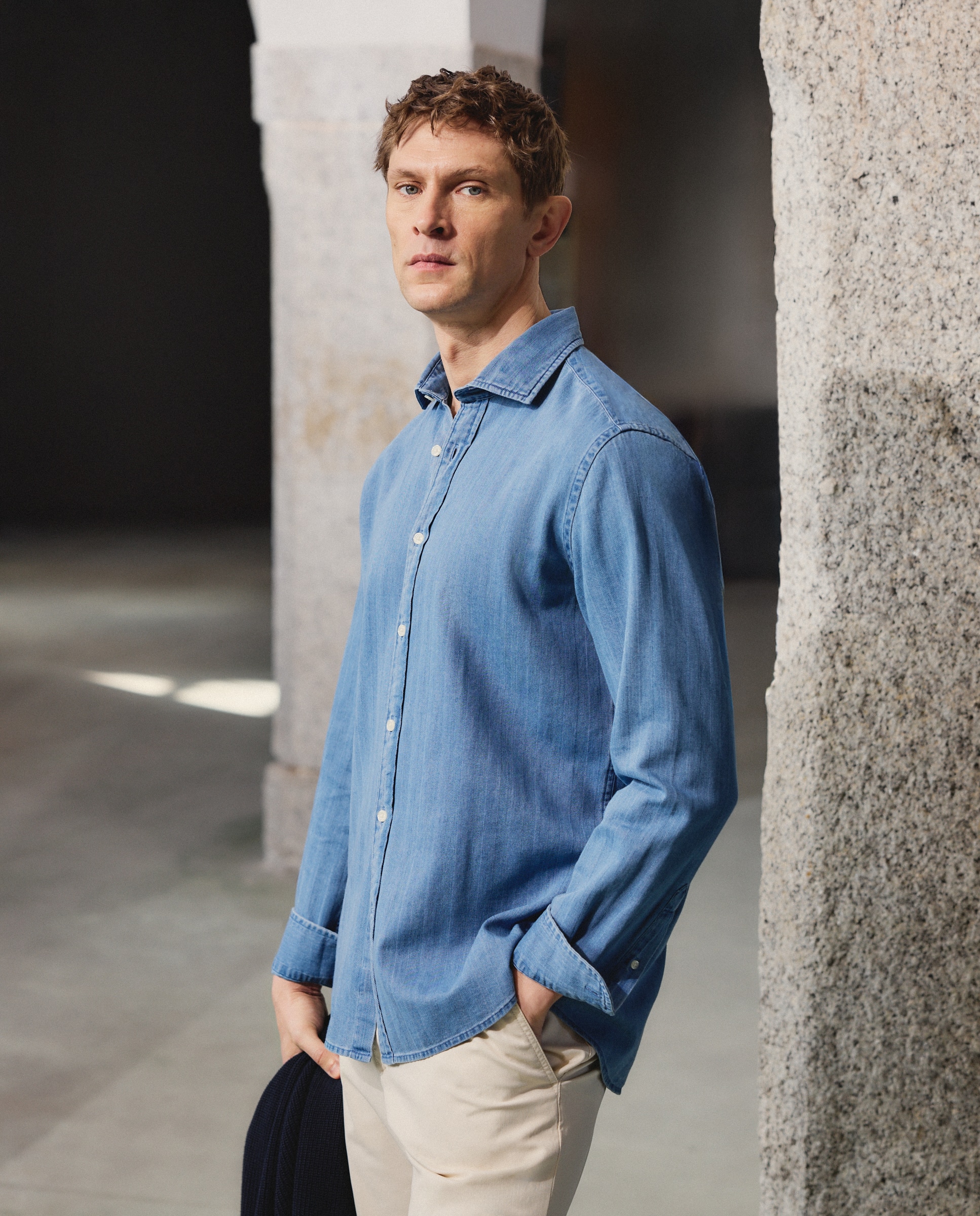 Camisa Casual de Ganga com Manga Comprida Azul-1