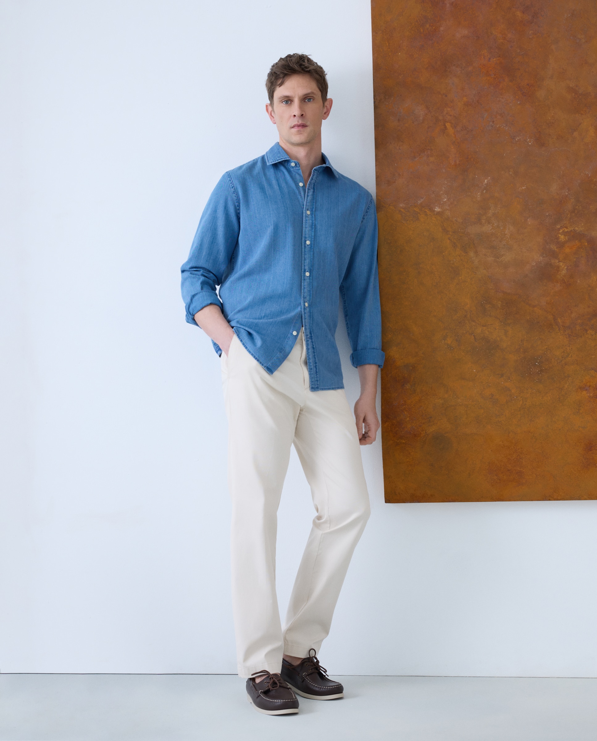 Camisa Casual de Ganga com Manga Comprida Azul-2