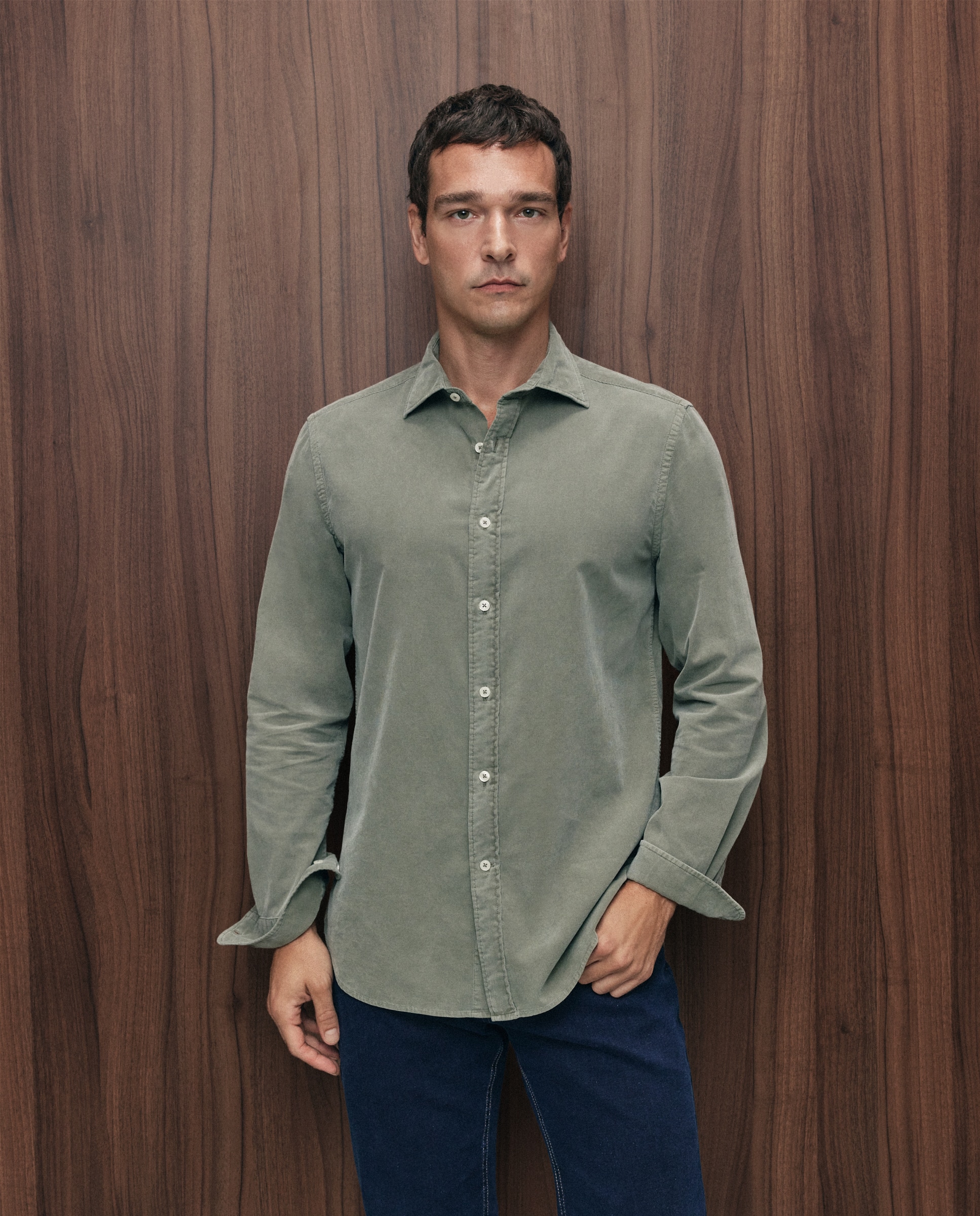 Camisa de Ganga com Manga Comprida Verde-4