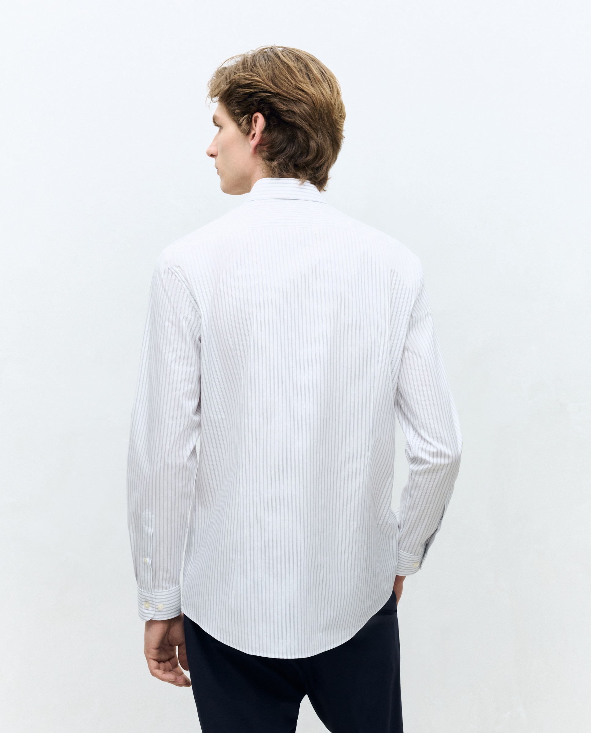 Camisa Clássica de Manga Comprida com Risca Dupla Fina Slim Fit Branco-3
