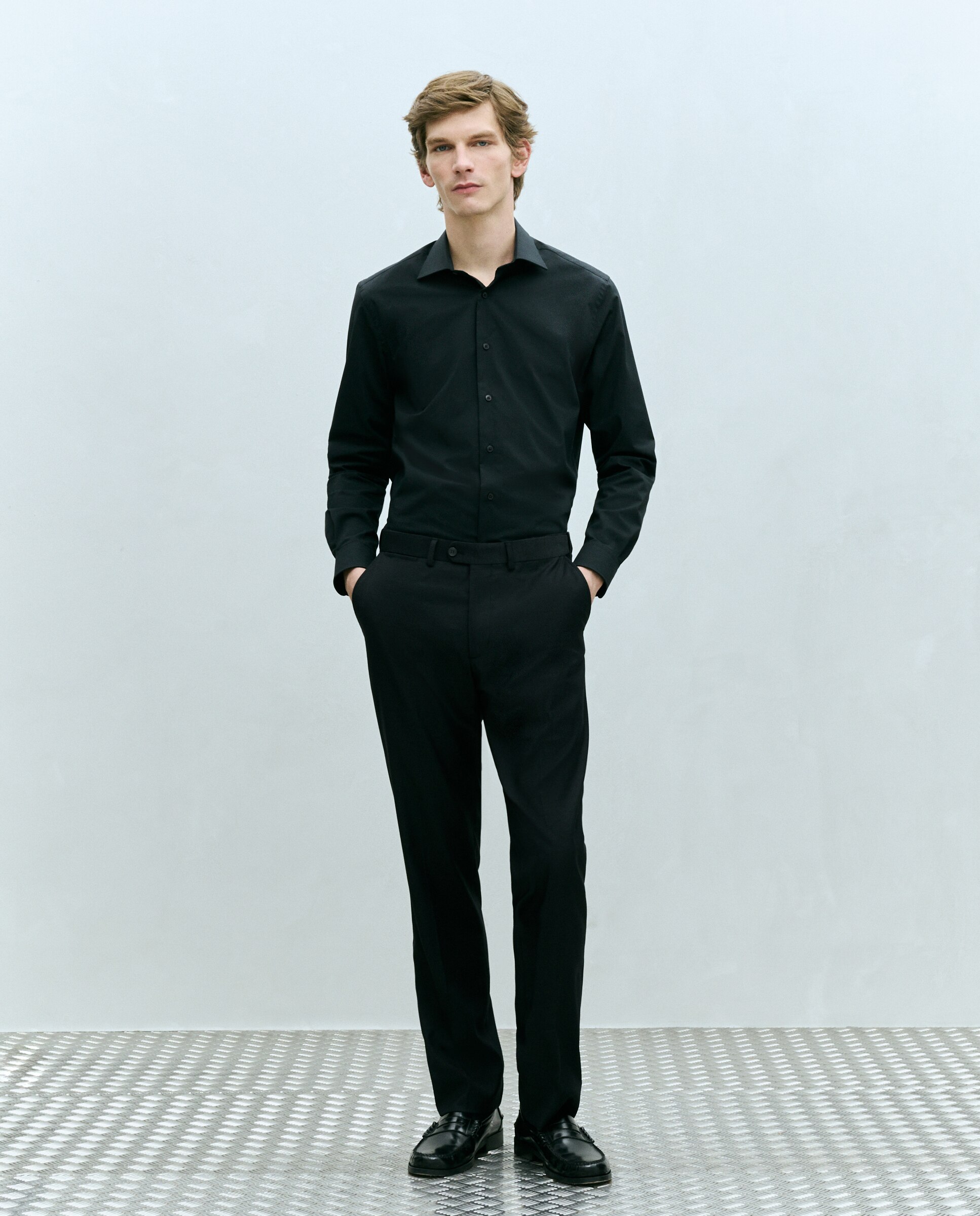 Camisa Formal Lisa de Manga Comprida com Padrão Slim Preto-2