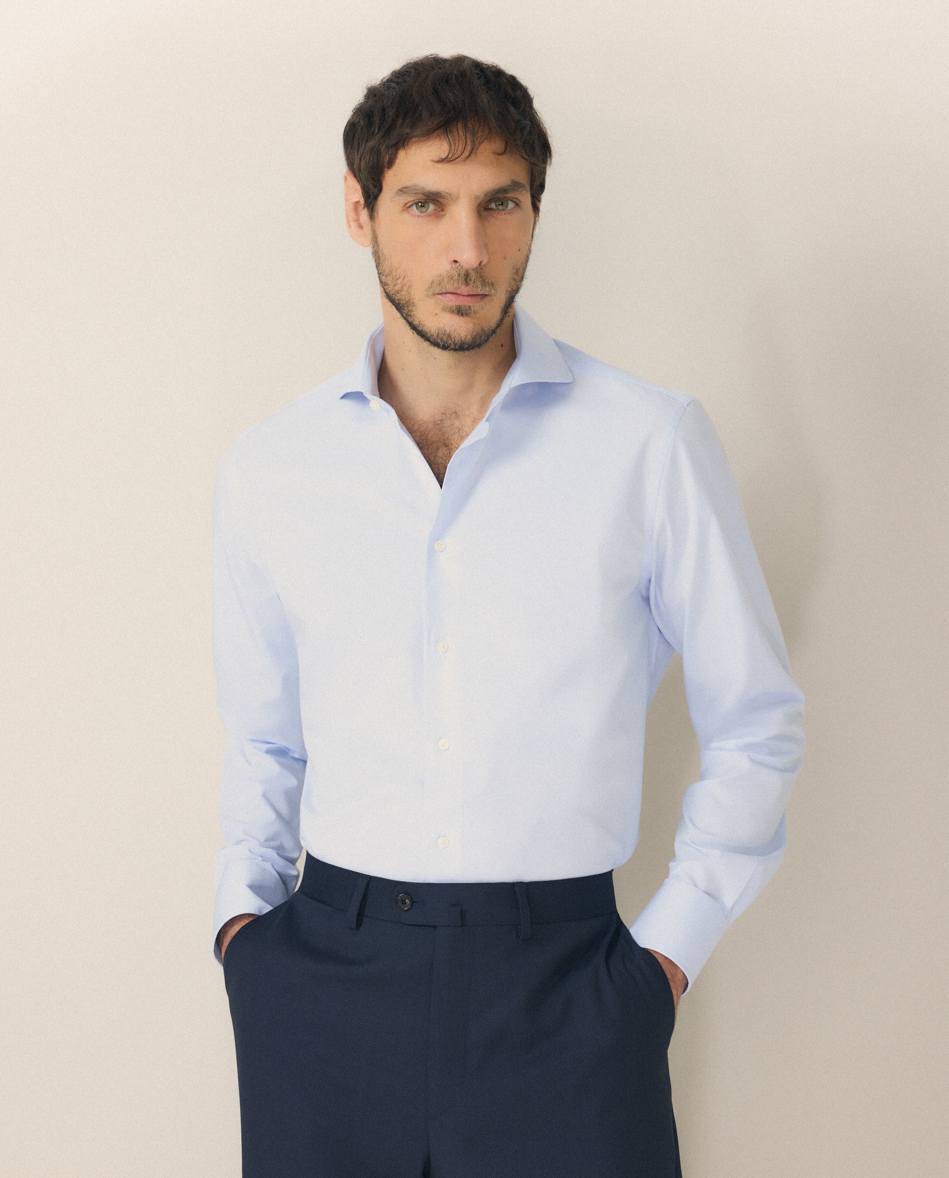 Camisa Clássica de Elastano com Manga Comprida Azul-1