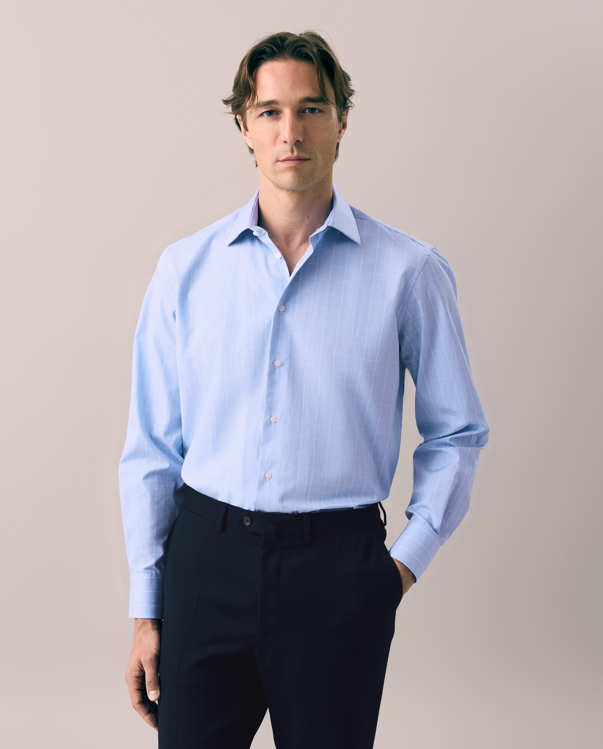 Camisa Formal de Algodão Egípcio com Manga Comprida Azul-1