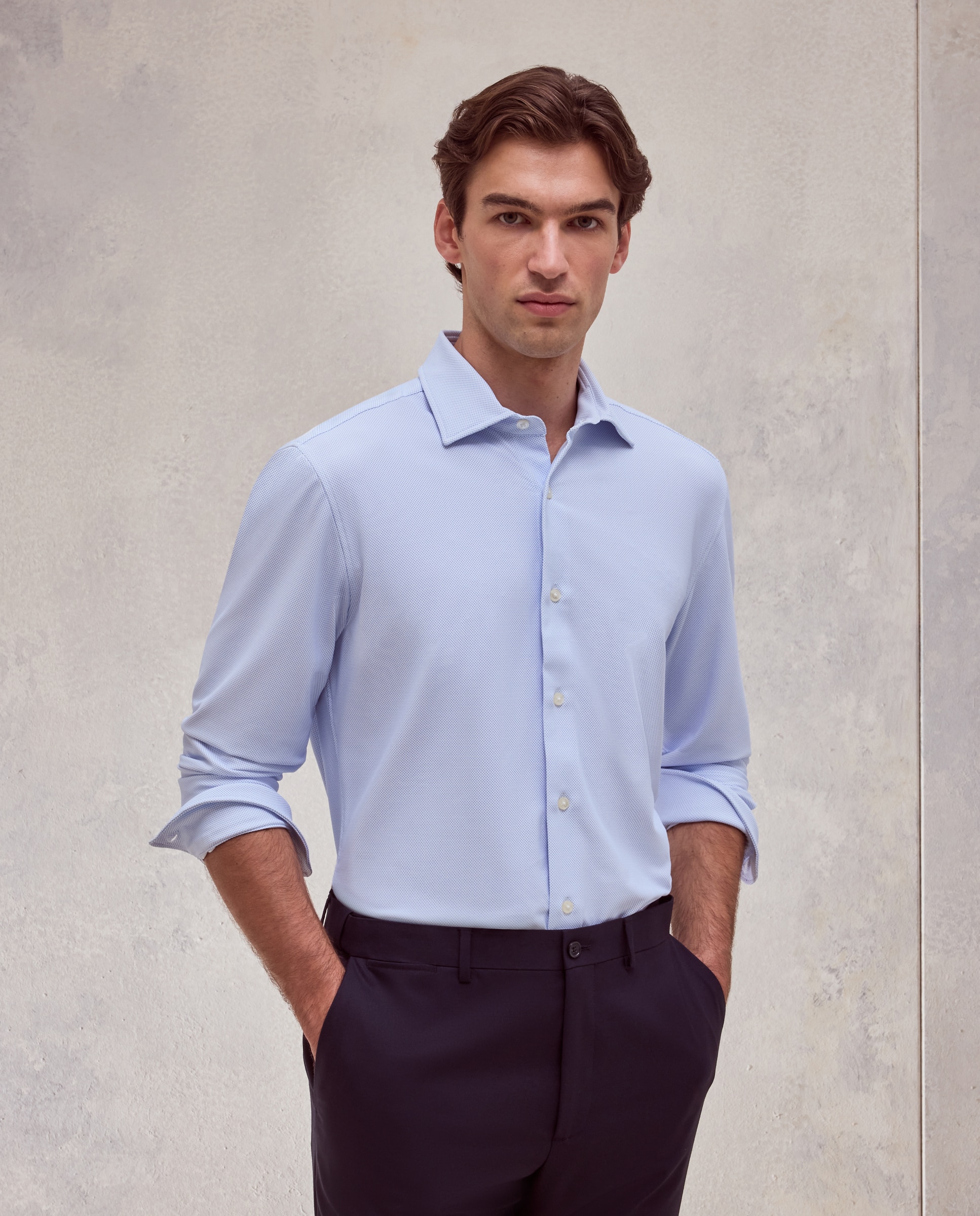 Imagen 0 de Camisa slim fit con tejido stretch estampada de hombre   Azul