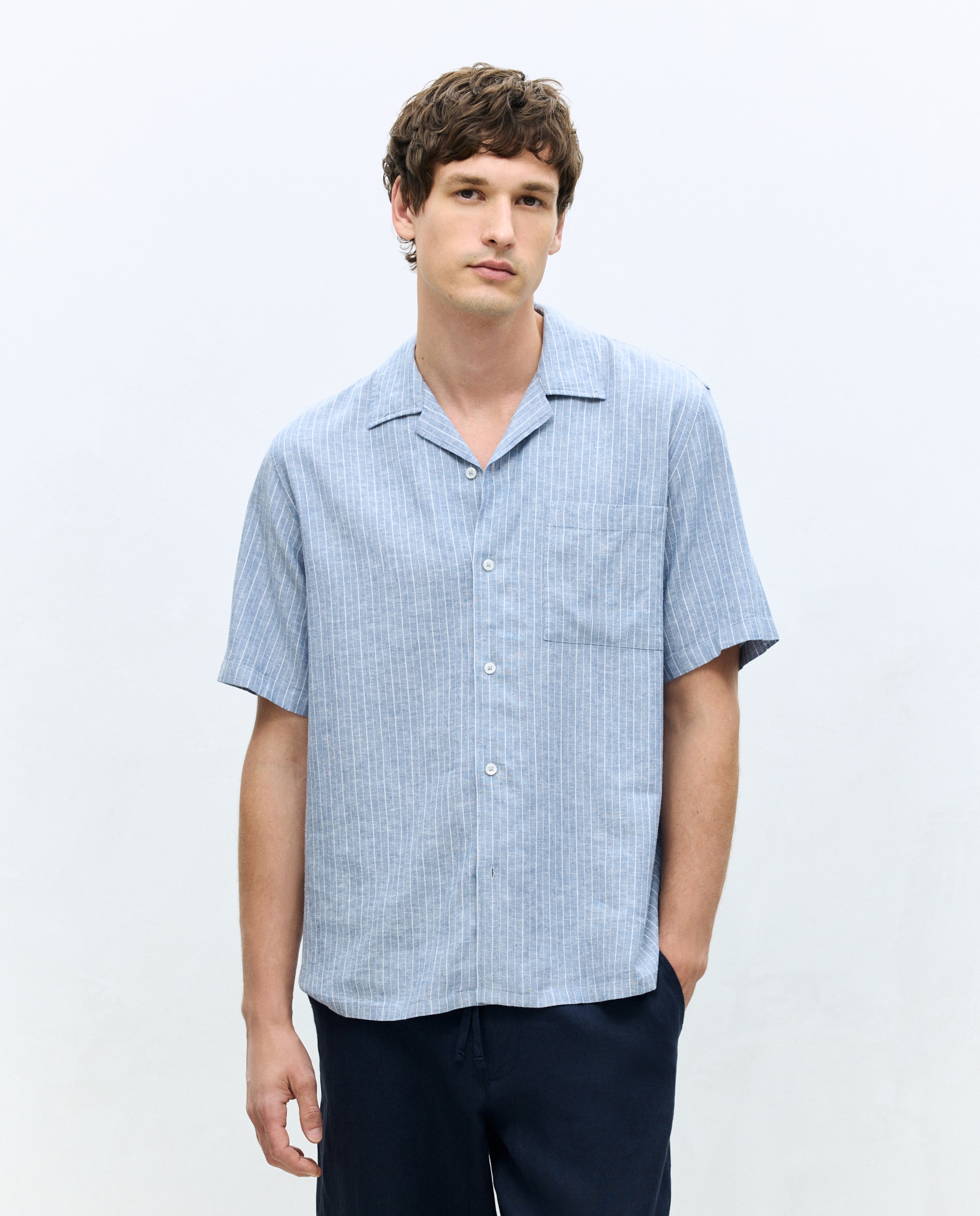 Camisa bowling fit lino algodón hombre - Dustin - Añil Añil-1
