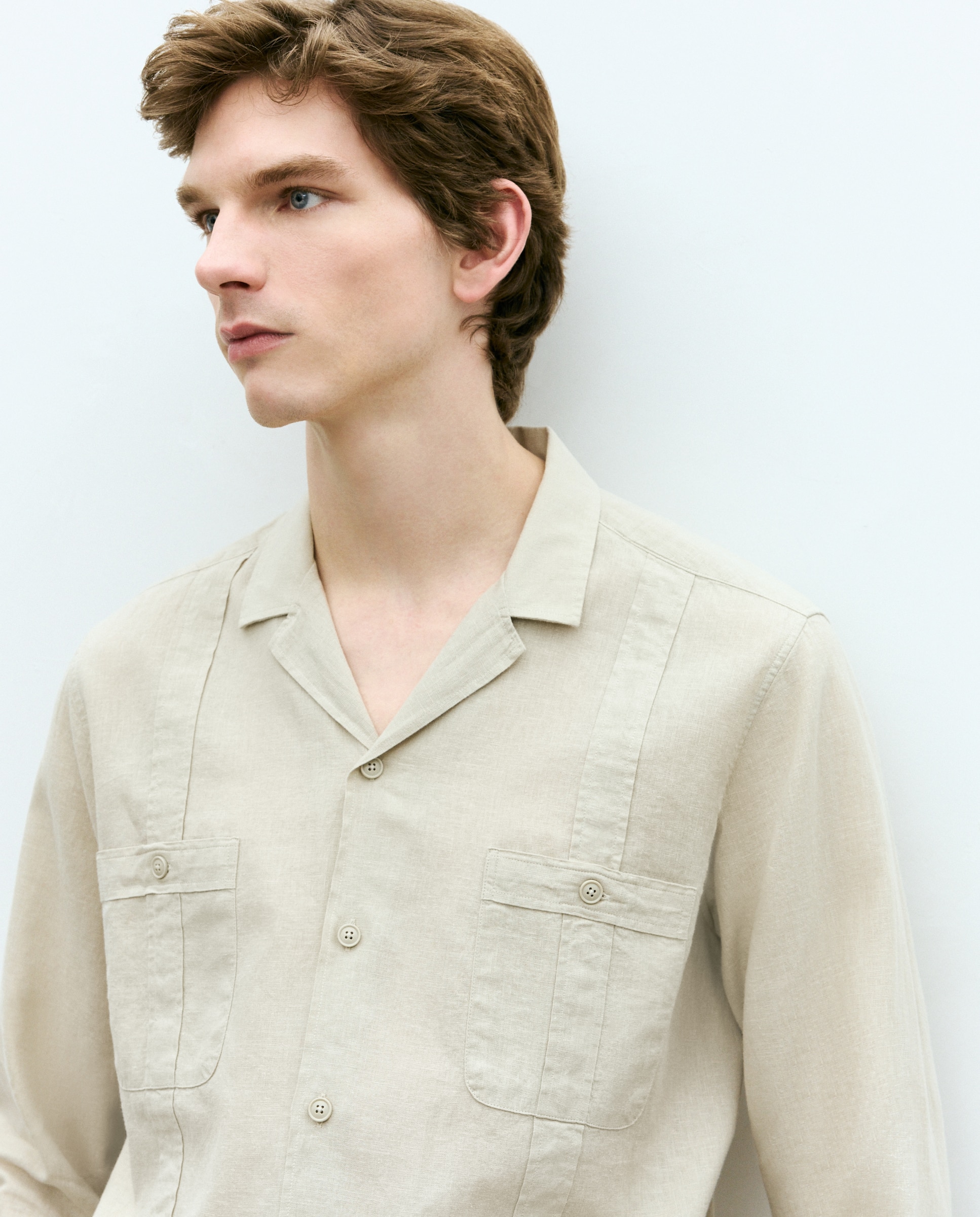 Camisa Guayabera Lisa Bege-3