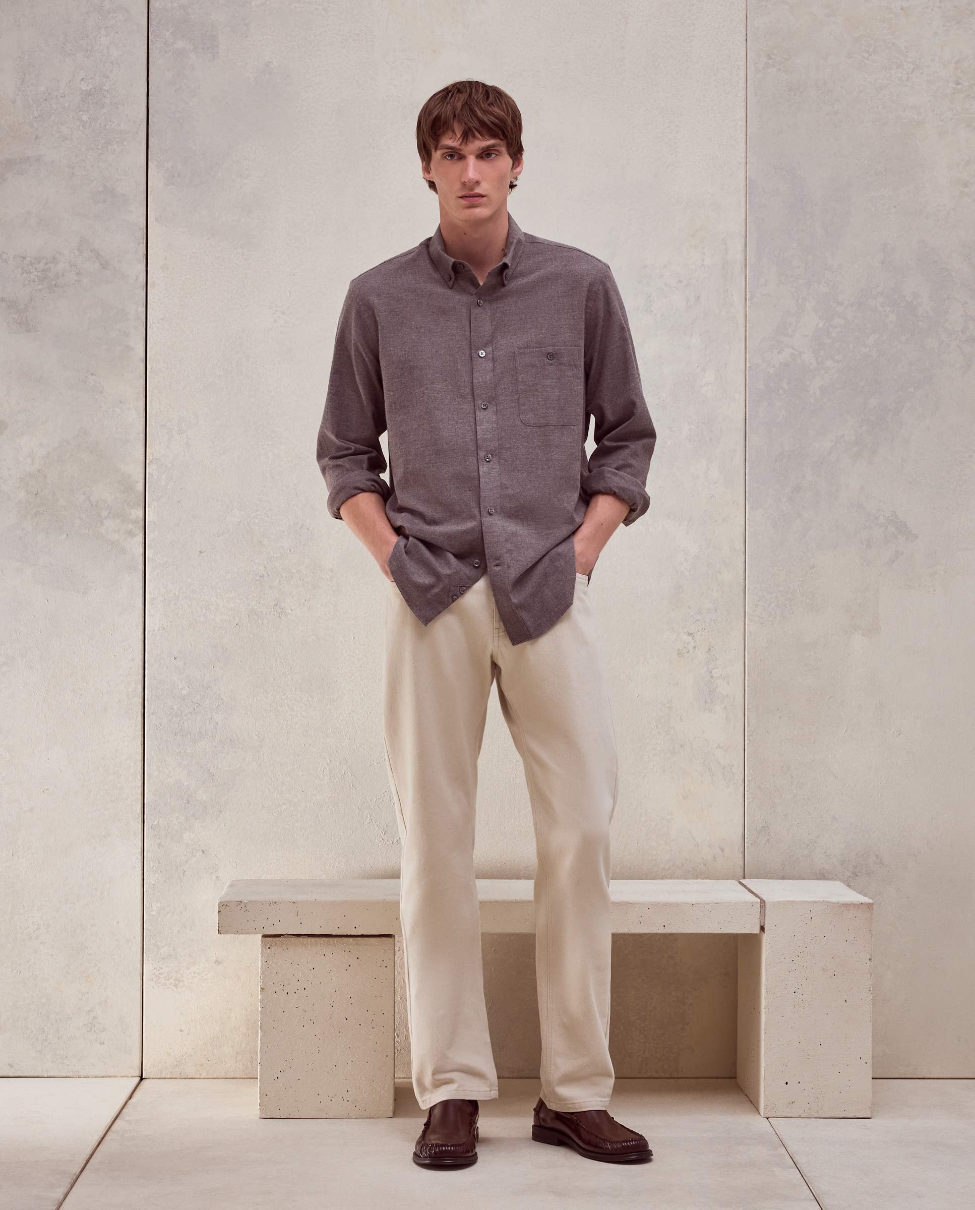 Camisa villela algodón melange lisa. - Dustin - Marrón Marrón-1