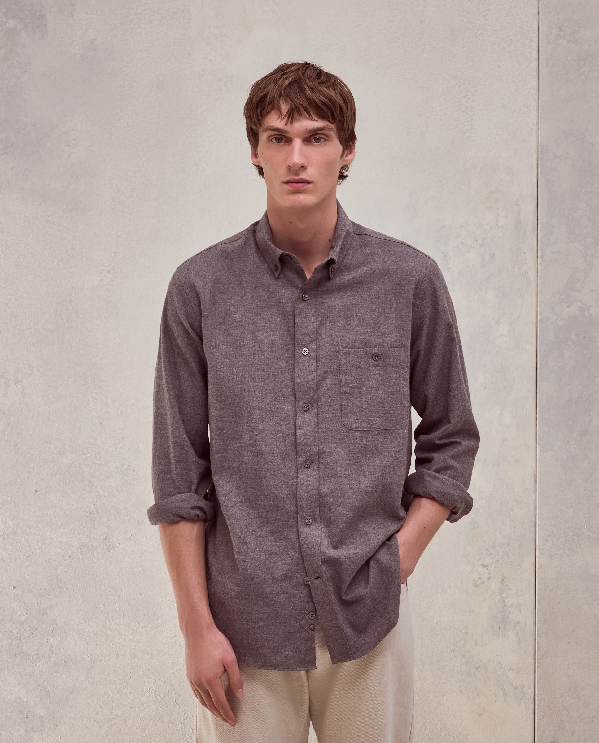 Camisa villela algodón melange lisa. - Dustin - Marrón Marrón-2