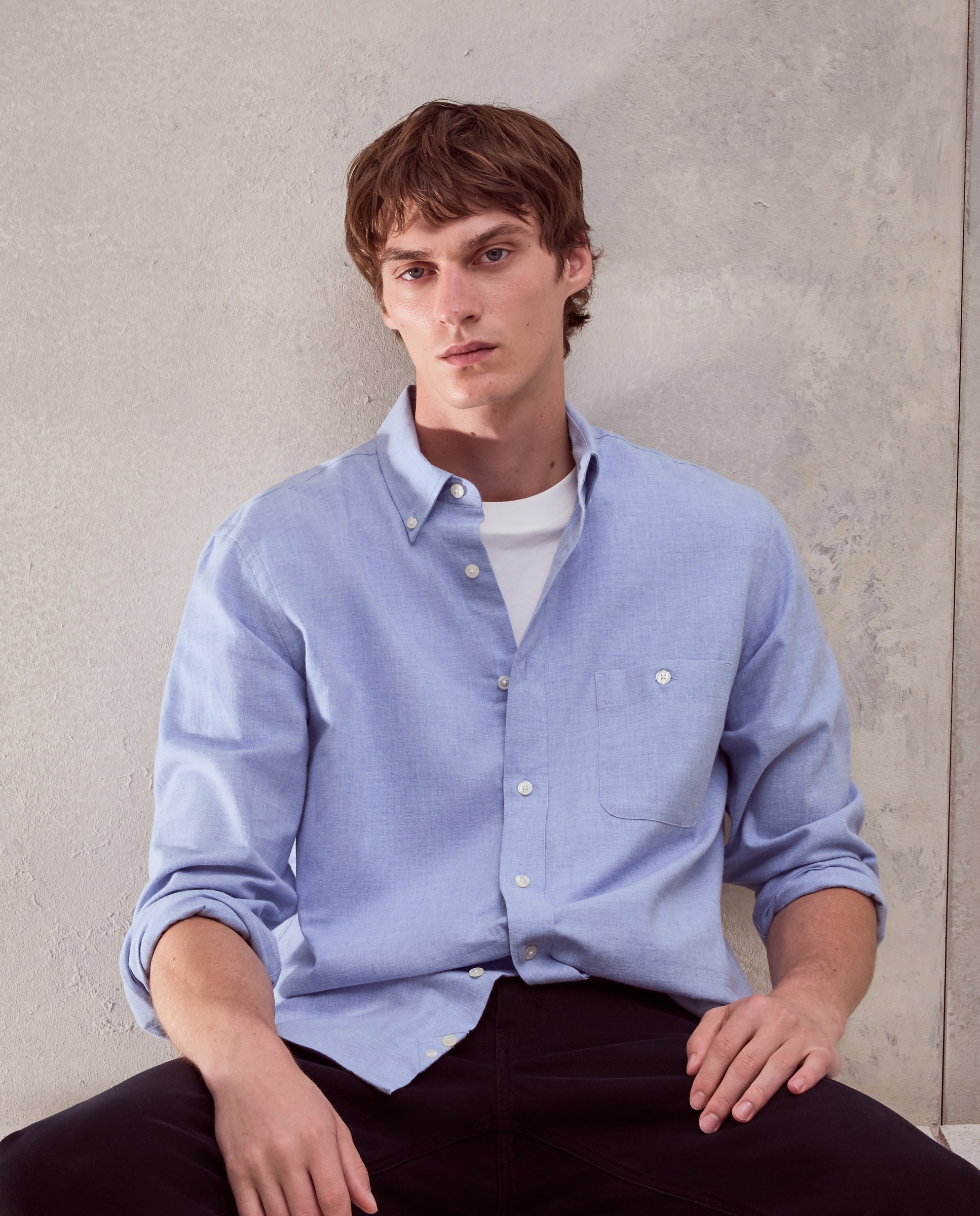 Camisa villela algodón melange lisa. - Dustin - Azul claro Azul claro-1