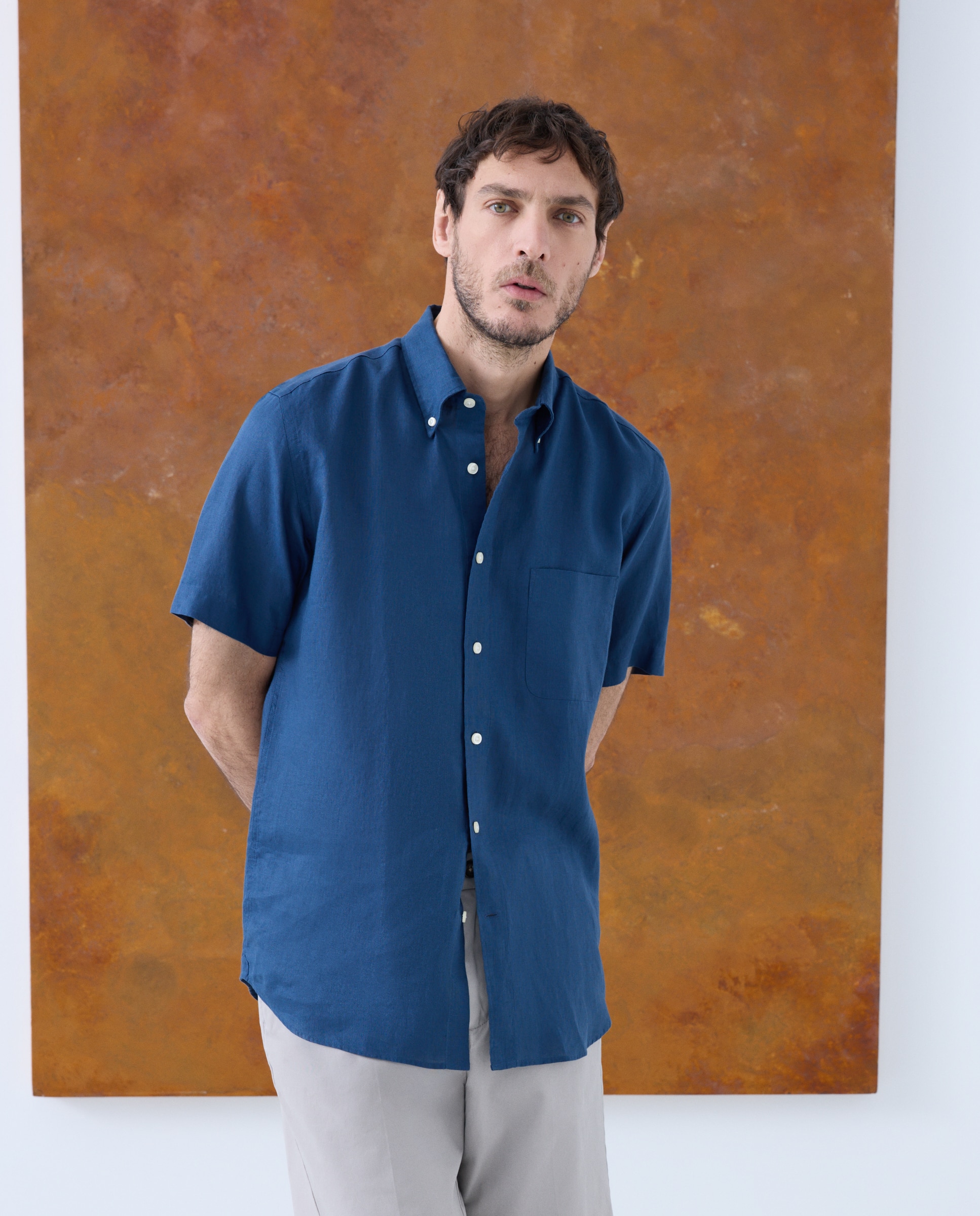 Camisa de Linho com Manga Curta Azul-marinho-1