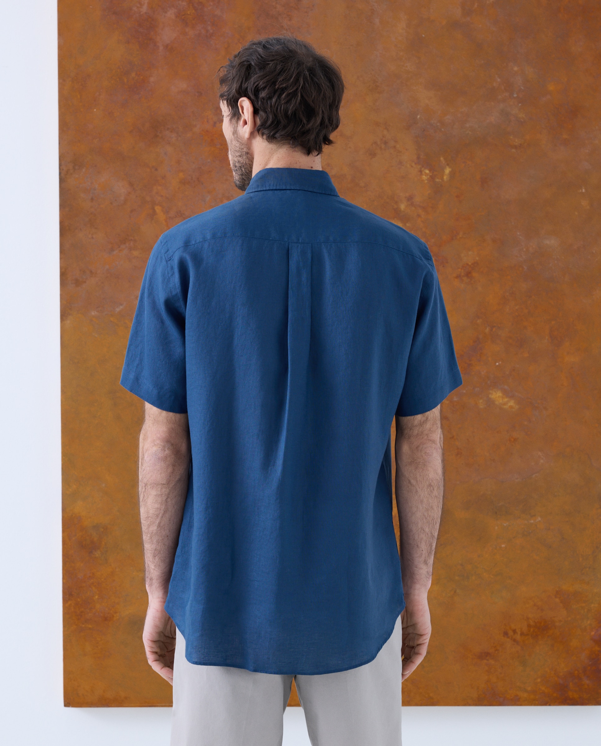 Camisa de Linho com Manga Curta Azul-marinho-3