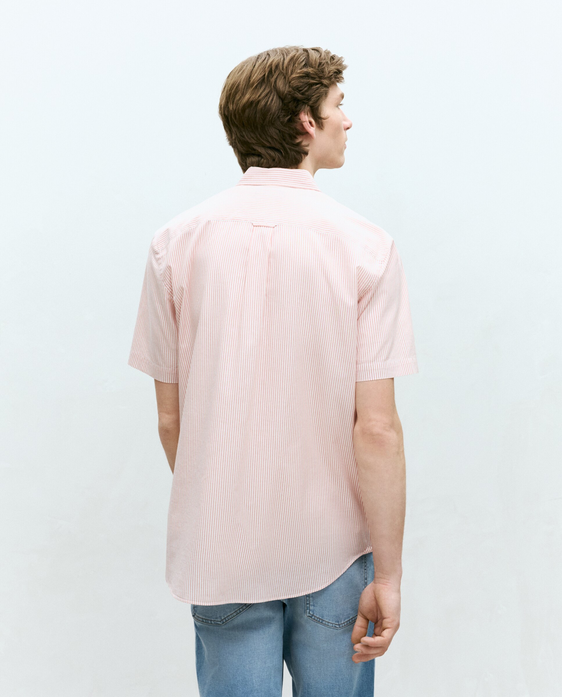 Camisa de Manga Curta em Popelina às Riscas Laranja-3